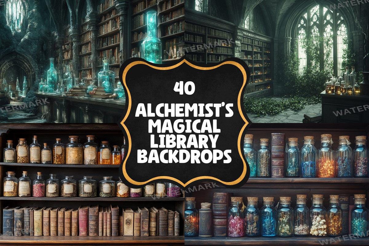 ALCHEMISTS LIBRARY - 4Magical Witchcraft Photography Backdrops in Warm Aesthetic Ideal for Artists Designers
