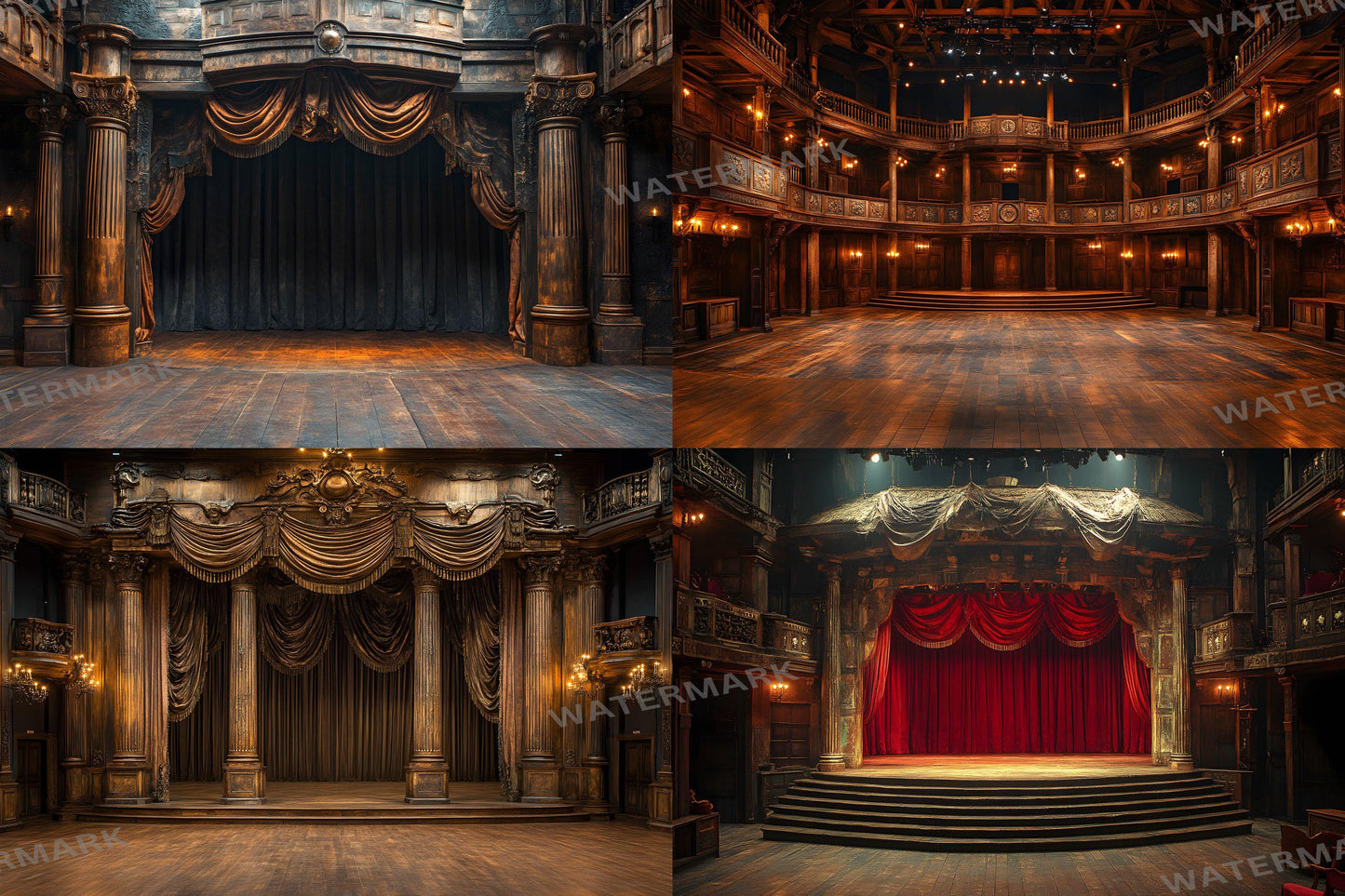 Shakespearean Stage Backdrops - Vintage Theatrical, Dramatic Play Scene, Regal Digital Backgrounds