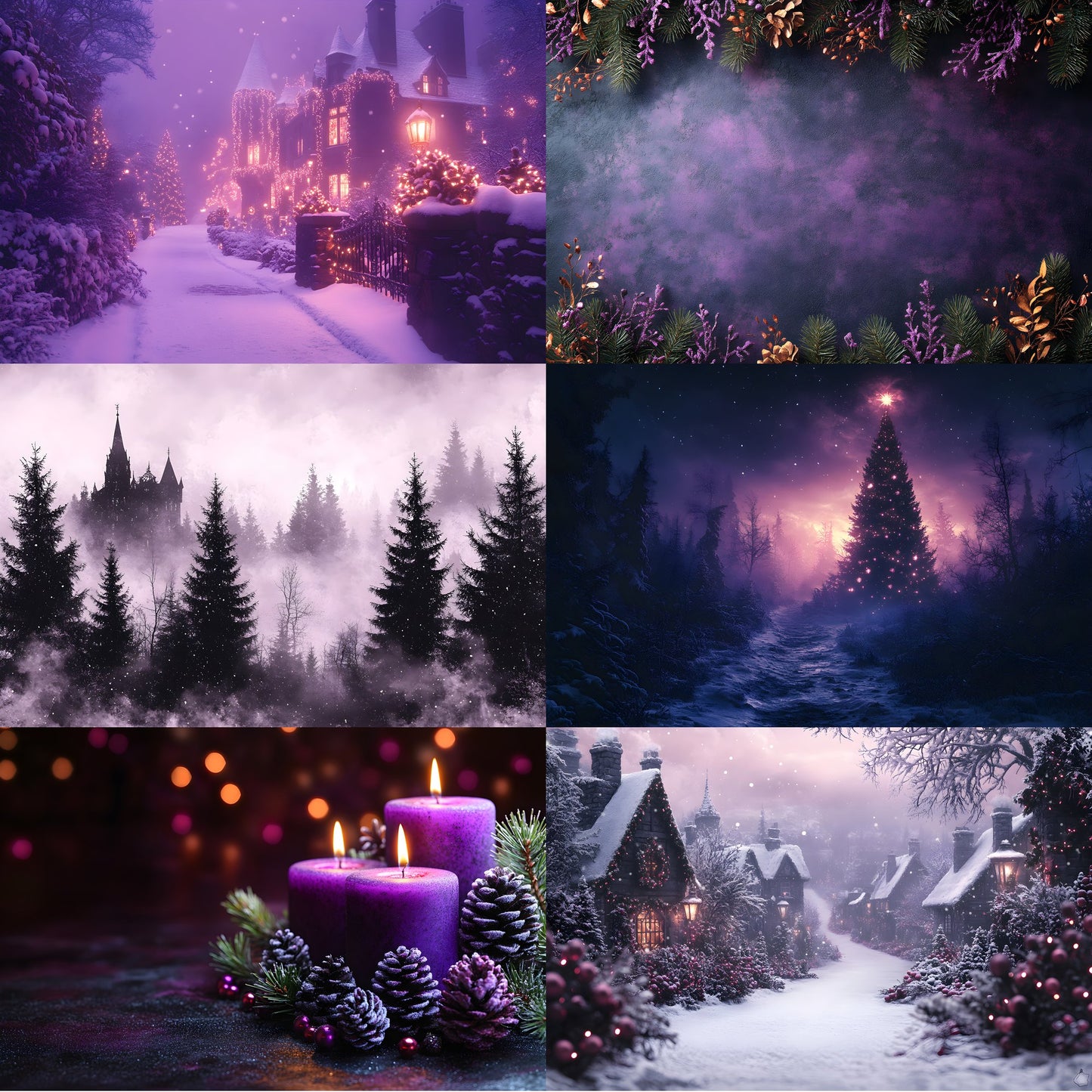 Gothic Purple Christmas Backdrop Set, Fantasy Holiday Backgrounds for Photography, Dark Festive Digital Backdrops, Winter Photo Overlays
