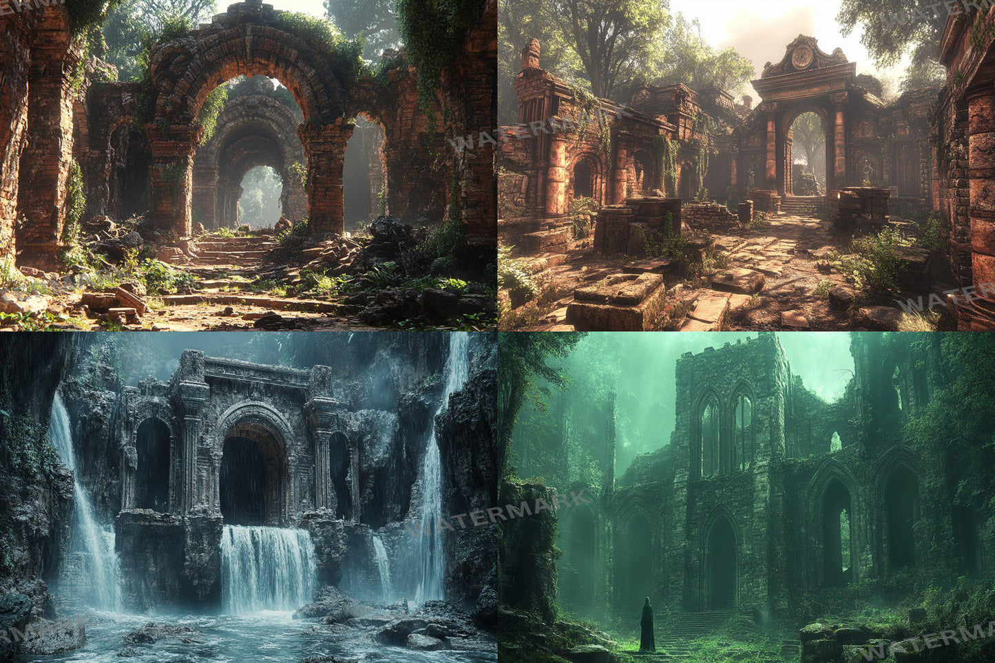 Ancient Ruins digital backdrop, 16:9 ratio. Overgrown ruins with sunlight filtering through mist, streaming and photography backdrops.