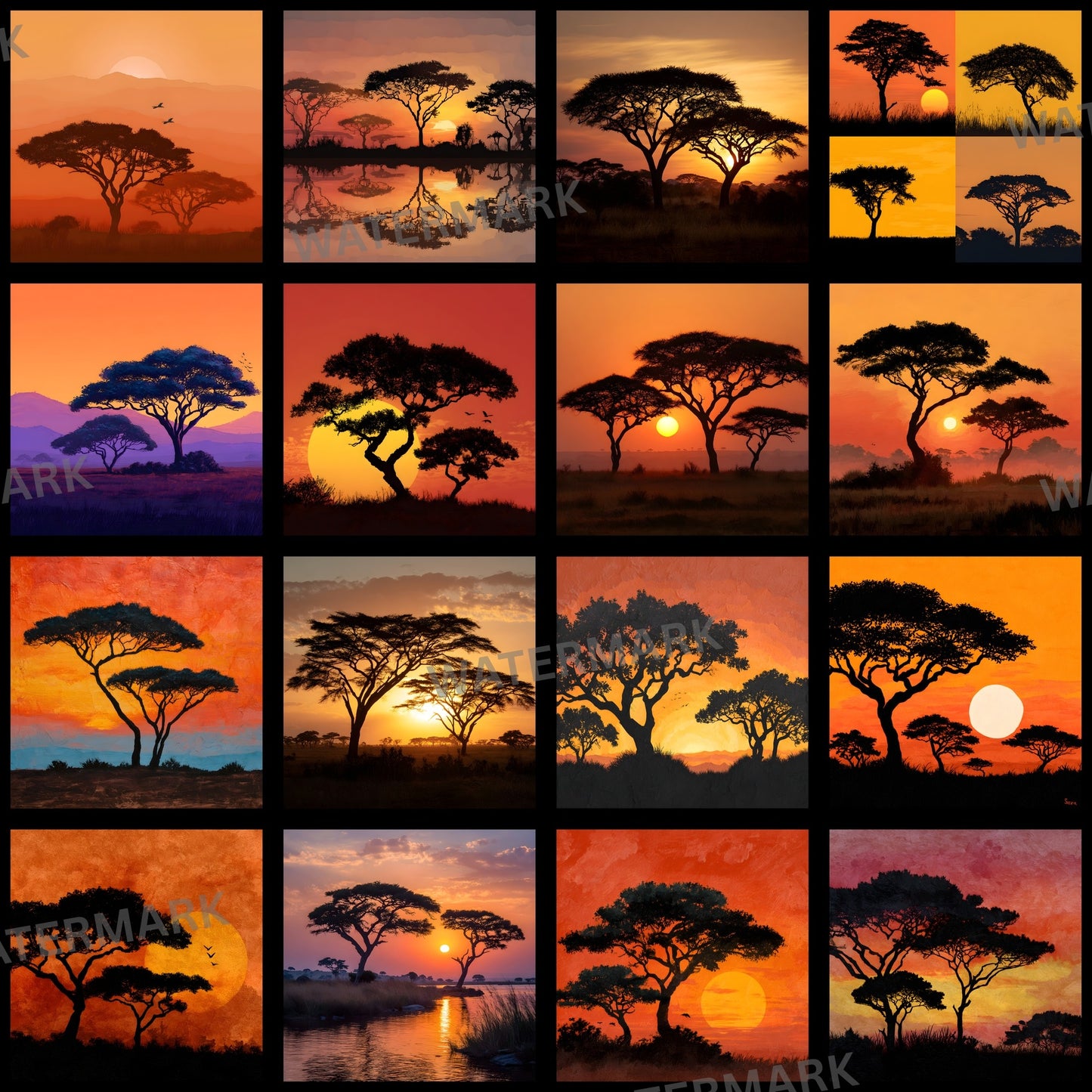 African Safari Sunset Digital Backdrop, Trees Photography Background for Wildlife, Nature Photo, Square High-Resolution Image, Instant Download