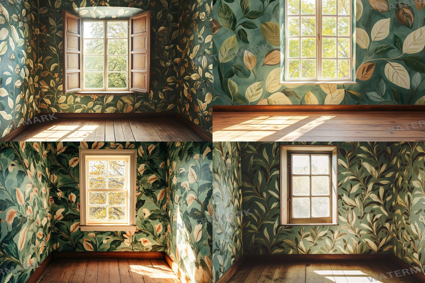 Botanical Window View Backdrops, Digital Forest Room Photography Props, Nature Interior Digital Backgrounds, Vintage Woodland Wallpapers