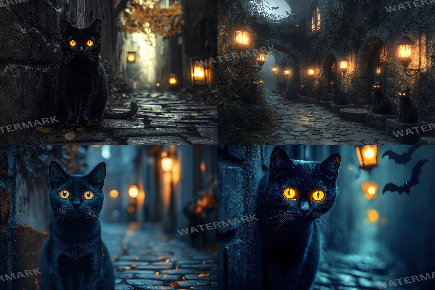 Black Cat Alley Backdrops, Night Urban Moody City Digital Background - Feline, Mysterious Dark Street Scene, Witchcraft - Witch's Cat