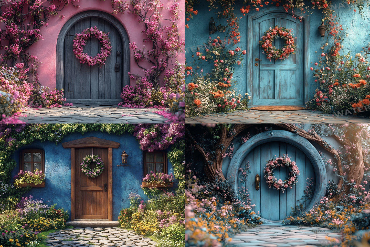 Pastel Cottage Door Backdrops, Fairy Tale Digital Backgrounds, Whimsical House Photography Props, Floral Entrance Composites