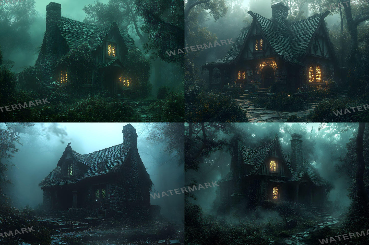 Witch Cottage Retreat Backdrops, Enchanted Forest Hideaways, Cozy Magical Cabins, Mystical Woodland Scenes, Digital Fantasy Backgrounds