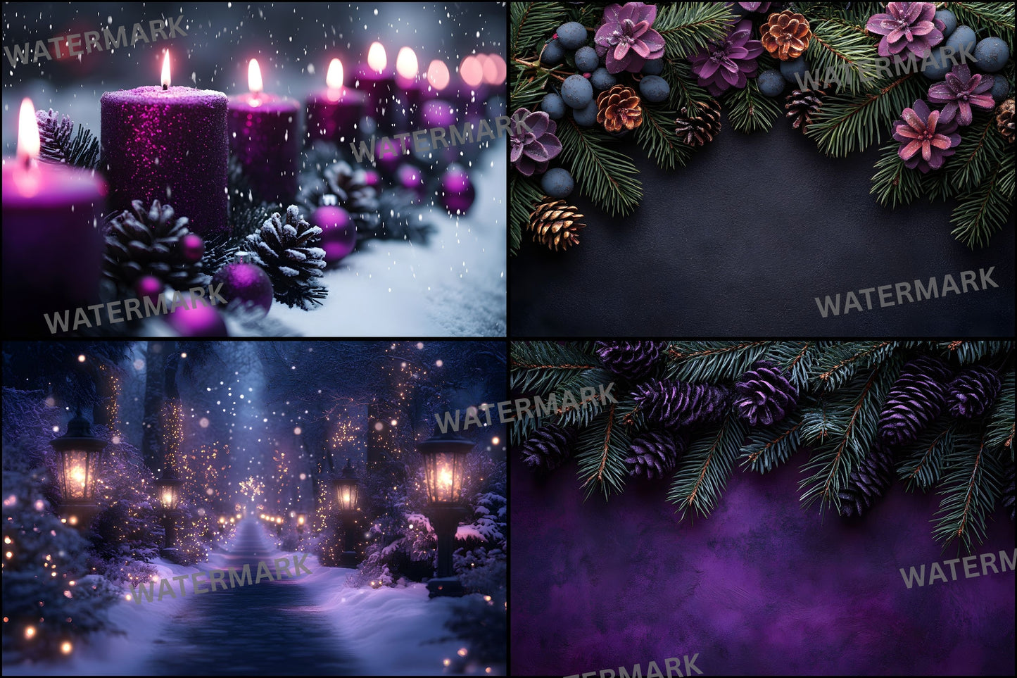 Gothic Purple Christmas Backdrop Set, Festive Holiday Backgrounds, Dark Winter Photography, Digital Photo Overlays, Fantasy Xmas Scenes
