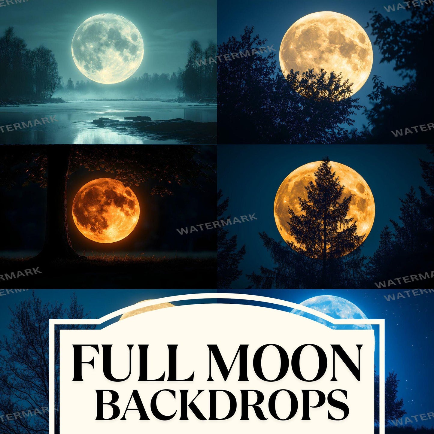 Full Moon Backdrops ��������� Mystical Night Sky, Fantasy Lunar Scenes, Spooky Moonlit Photography Backgrounds for Art, Film & Digital Backdrops