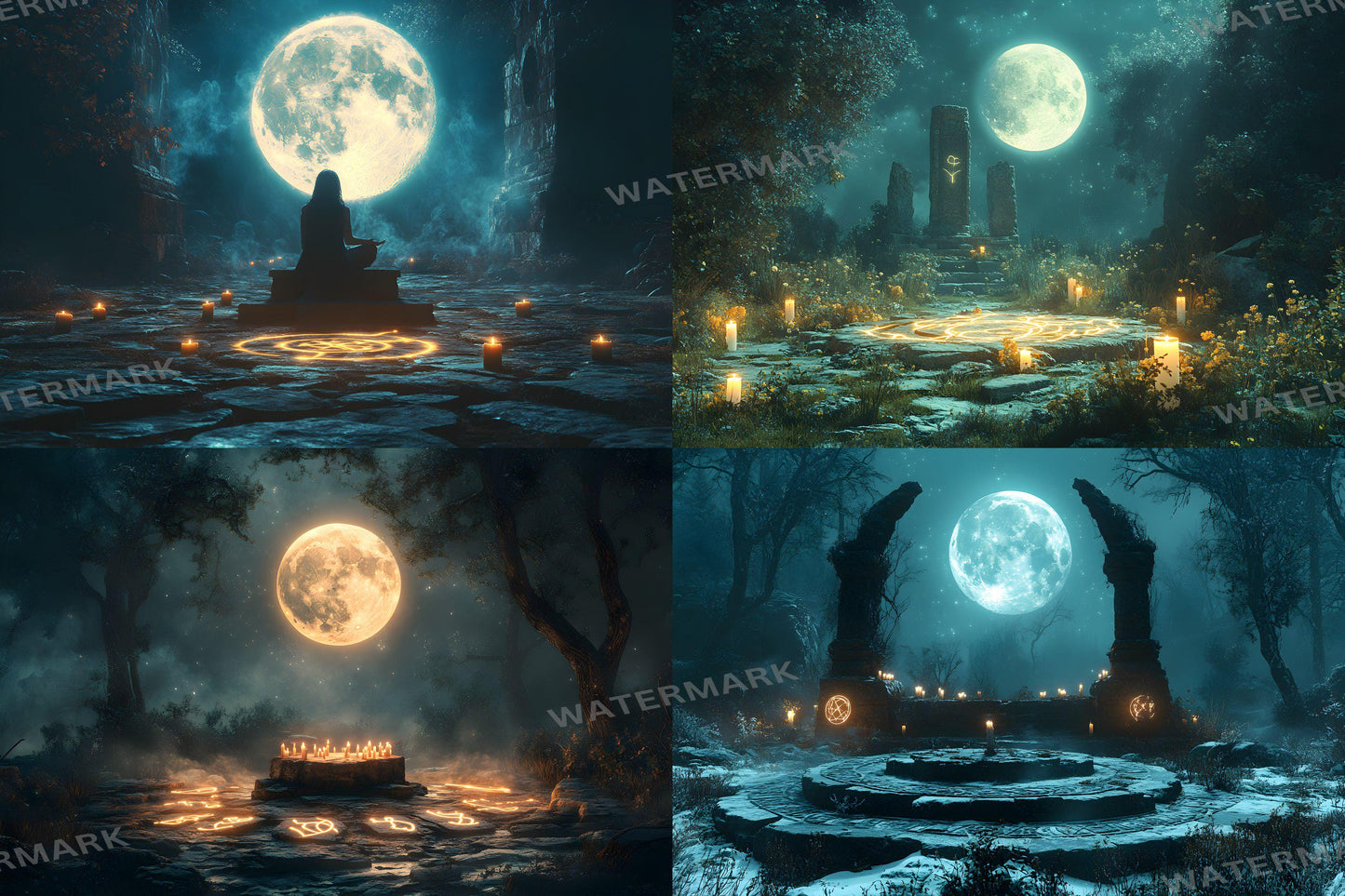 Moonlit Spellcasting Backdrops, Mystical Night Magic Circles, Enchanted Landscapes, Sorcerer Aesthetic, Digital Fantasy Backgrounds