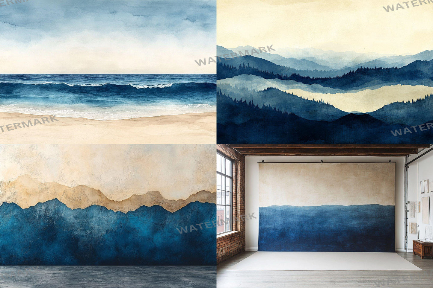 Modern Coastal Gradient Backdrop: PNGs for Beach Photo Editing, Abstract Ocean Photography Props, Serene Seaside Digital Backdrops