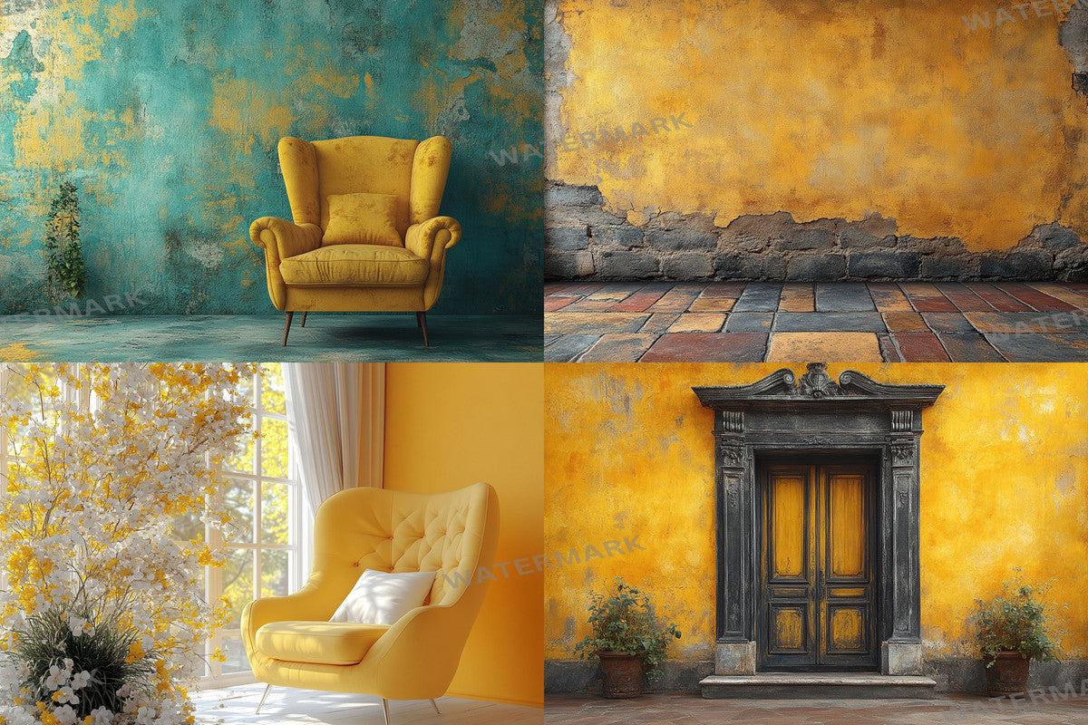 Yellow Vintage Room Backdrops - Warm Aesthetic PNGs for Digital Art Photography Design - 00x00px 32 Ratio