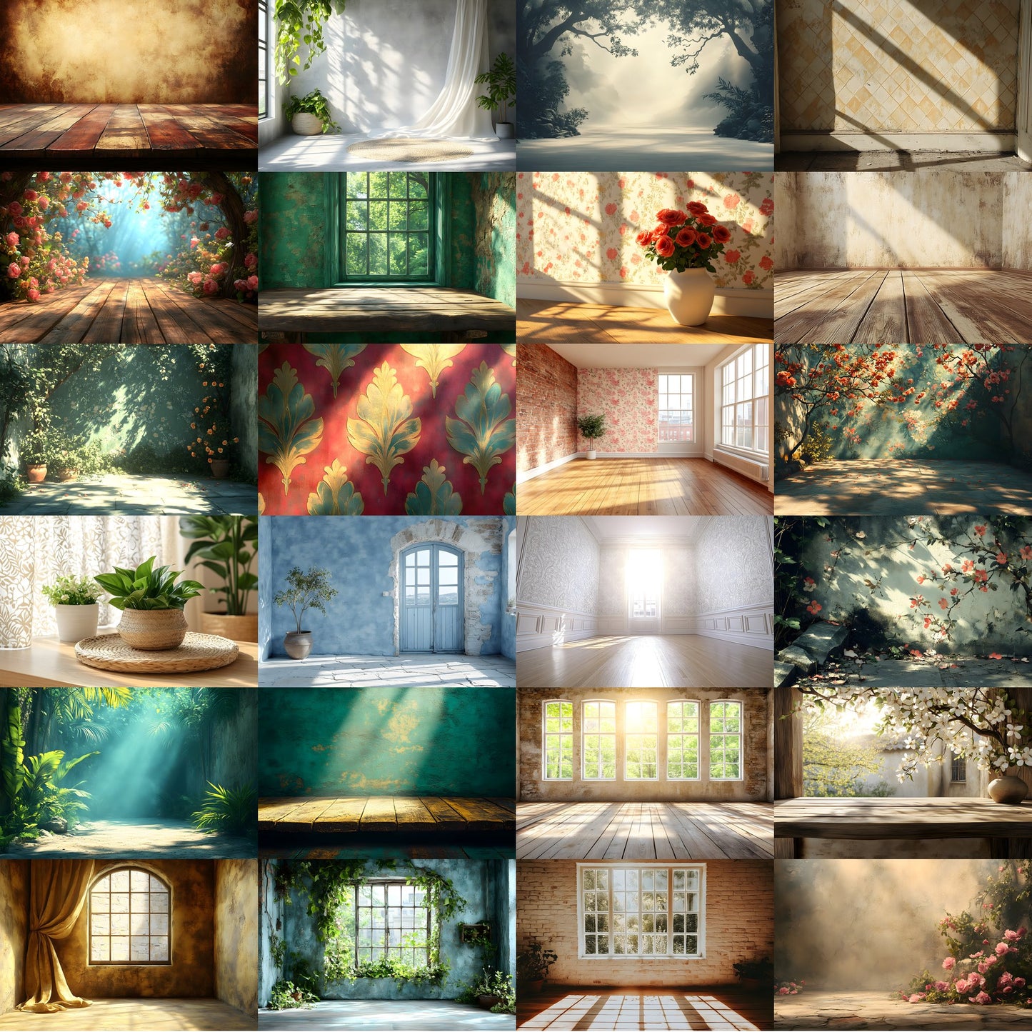 Vintage Sunlit Room Digital Backdrop, Wallpaper Backgrounds for Photography, High-Resolution Textures, Photo Overlays