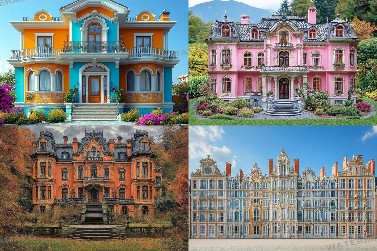 Baroque House Interior Backdrops, Elegant Mansion Photography Backgrounds, Ornate Architecture - Colorful Buildings - Baroque Backdrops