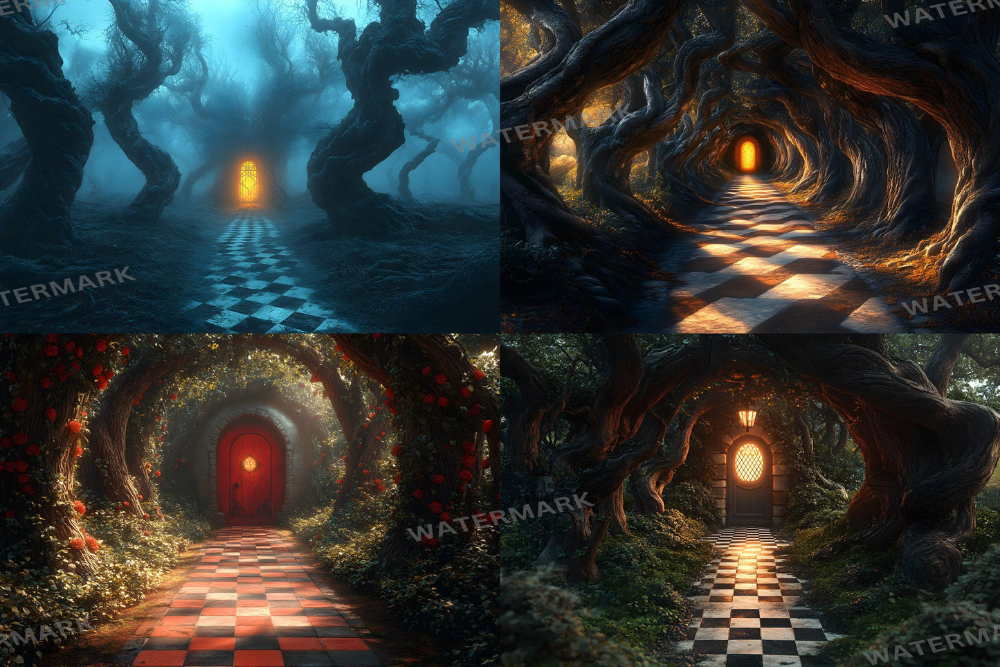 Alice in Wonderland Backdrops - Checkered Garden Path Backdrops, Outdoor Fantasy Green Walkway Photo Booth Prop, Fantasy Magical Scene