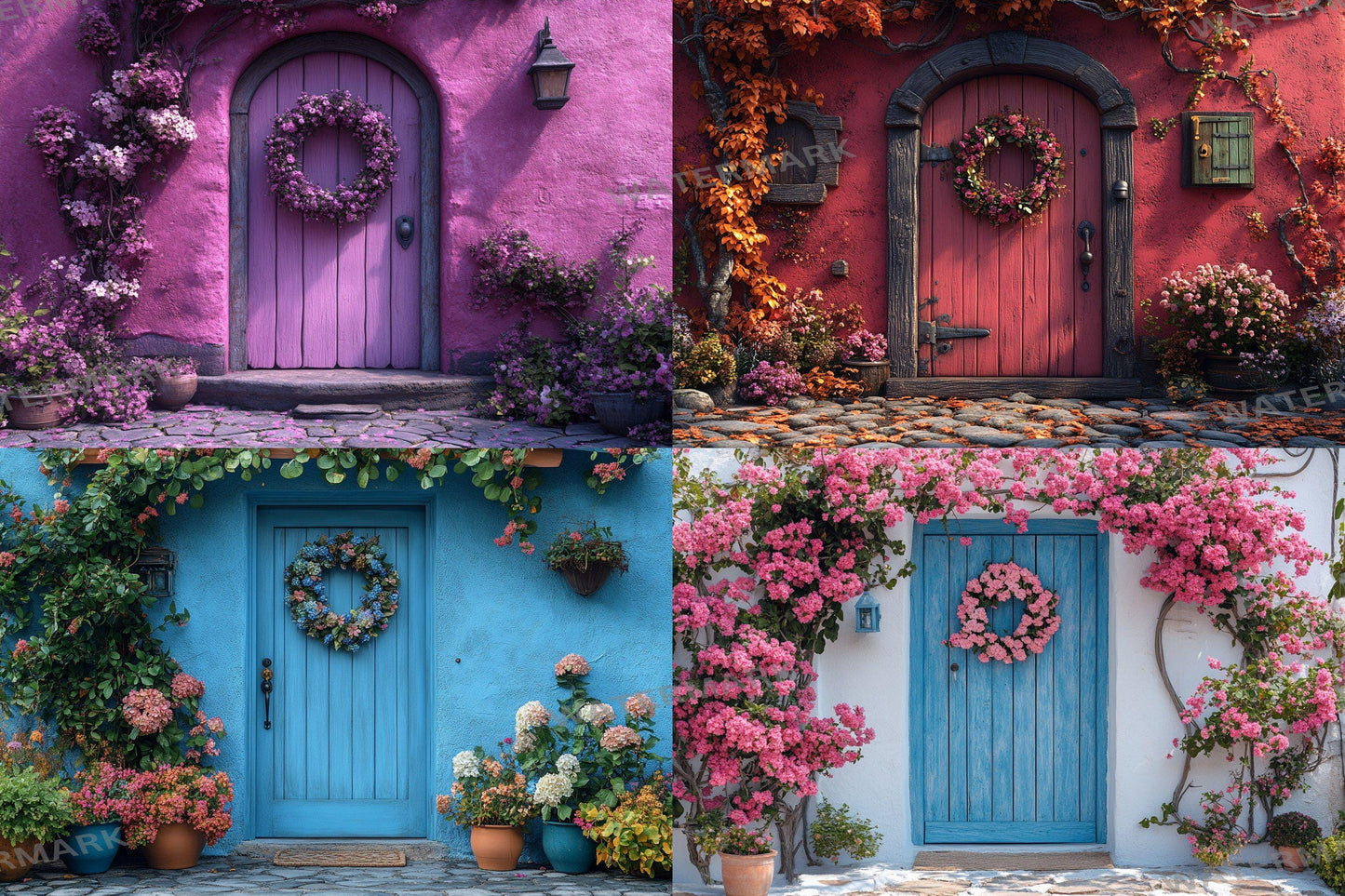 Pastel Cottage Door Backdrops, Fairy Tale Digital Backgrounds, Whimsical House Photography Props, Floral Entrance Composites
