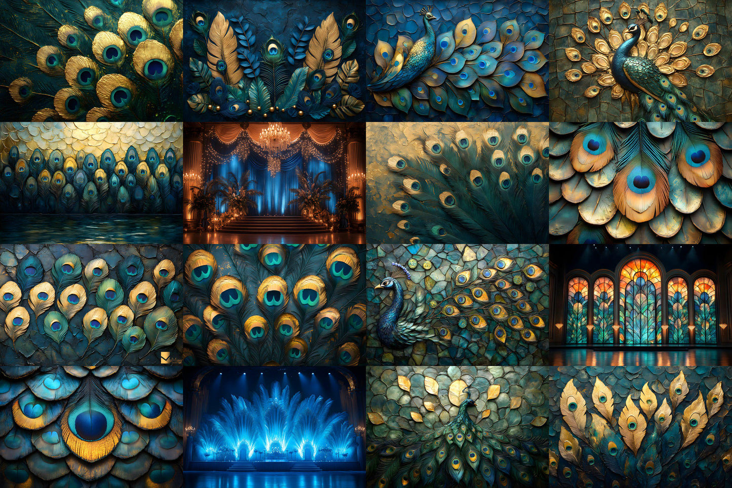 Peacock Deco Stage Backdrops | Elegant Art Deco Peacock Digital Backgrounds | Luxurious Gold & Teal Stage Design | Instant Download