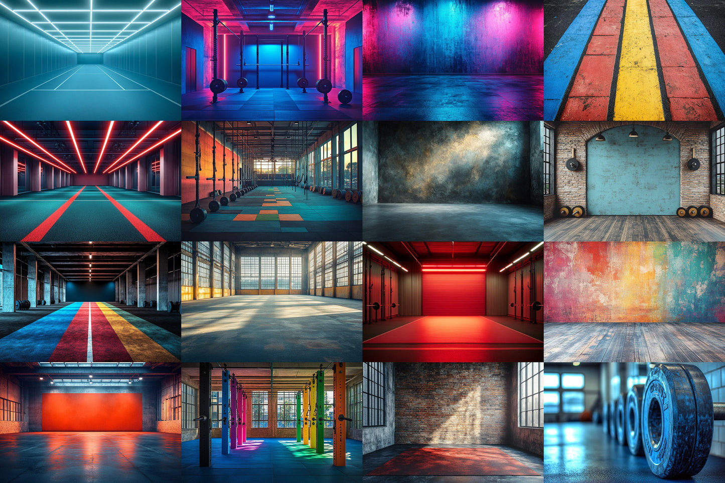Crossfit Studio Backdrops, Modern Fitness Gym Interiors, Industrial Workout Spaces, Athletic Training Digital Backgrounds