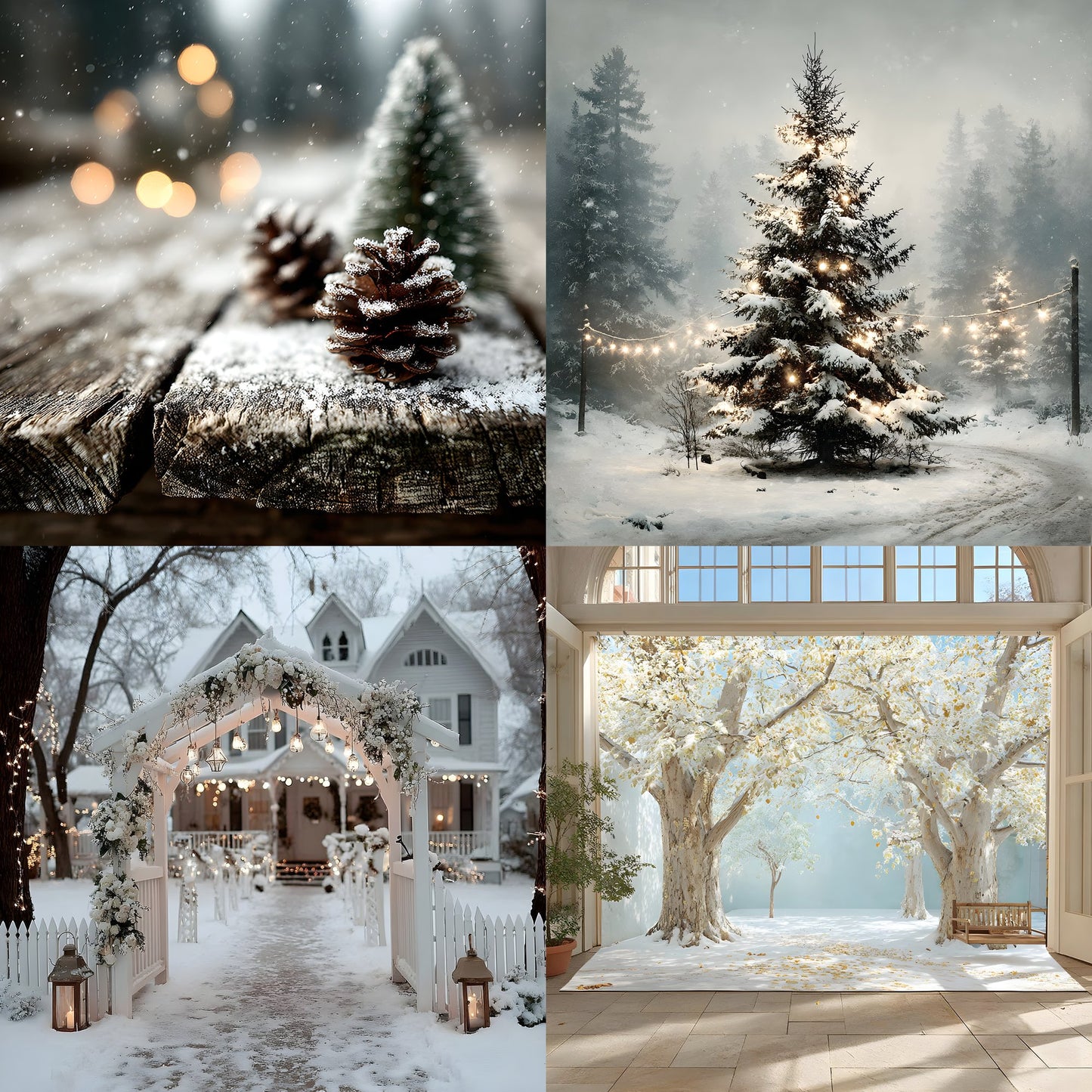 White Gold Christmas Backdrop, Snowy Outdoor Scene, Holiday Photography Background, Winter Wonderland Digital Photo Prop, Image