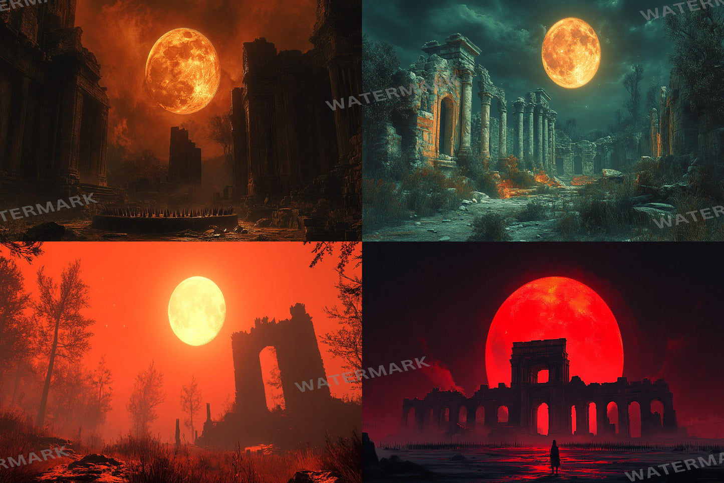 Blood Orange Moon streaming background, 16:9 ratio. Dark sky with a fiery orange moon, perfect for TV wallpaper or digital backdrops