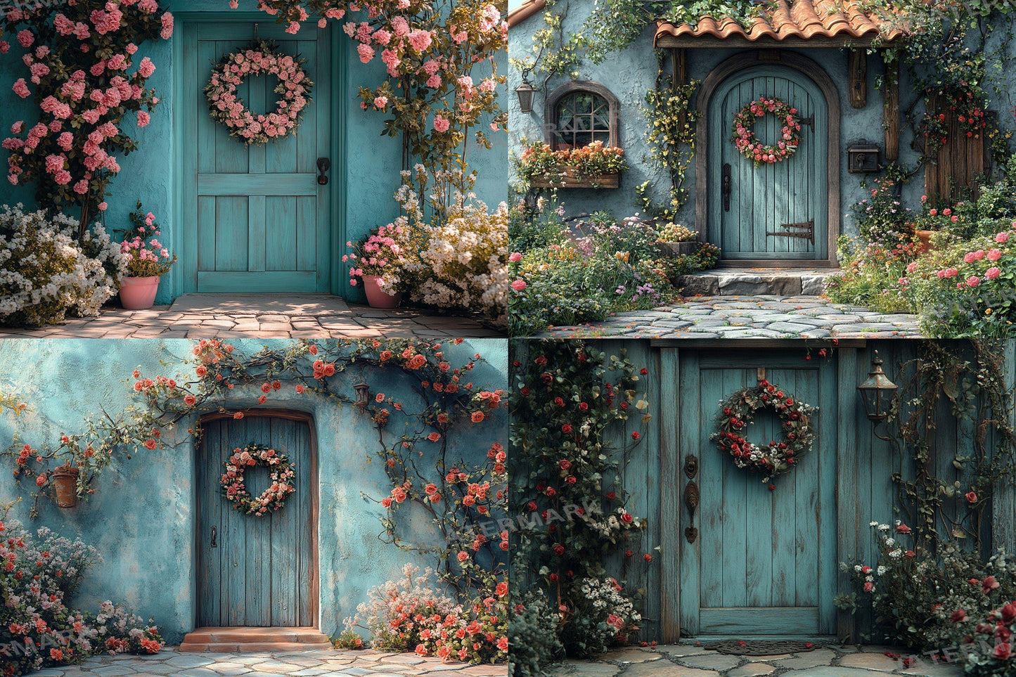 Pastel Cottage Door Backdrops, Fairy Tale Digital Backgrounds, Whimsical House Photography Props, Floral Entrance Composites