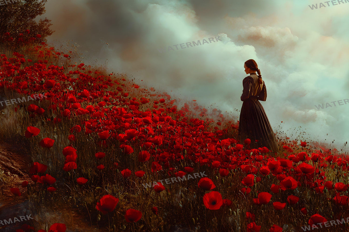 Enchanted Poppy Fields Digital Backdrop, Wizard of Oz Photography Background with Figures, Red Flower Fantasy Landscape Art
