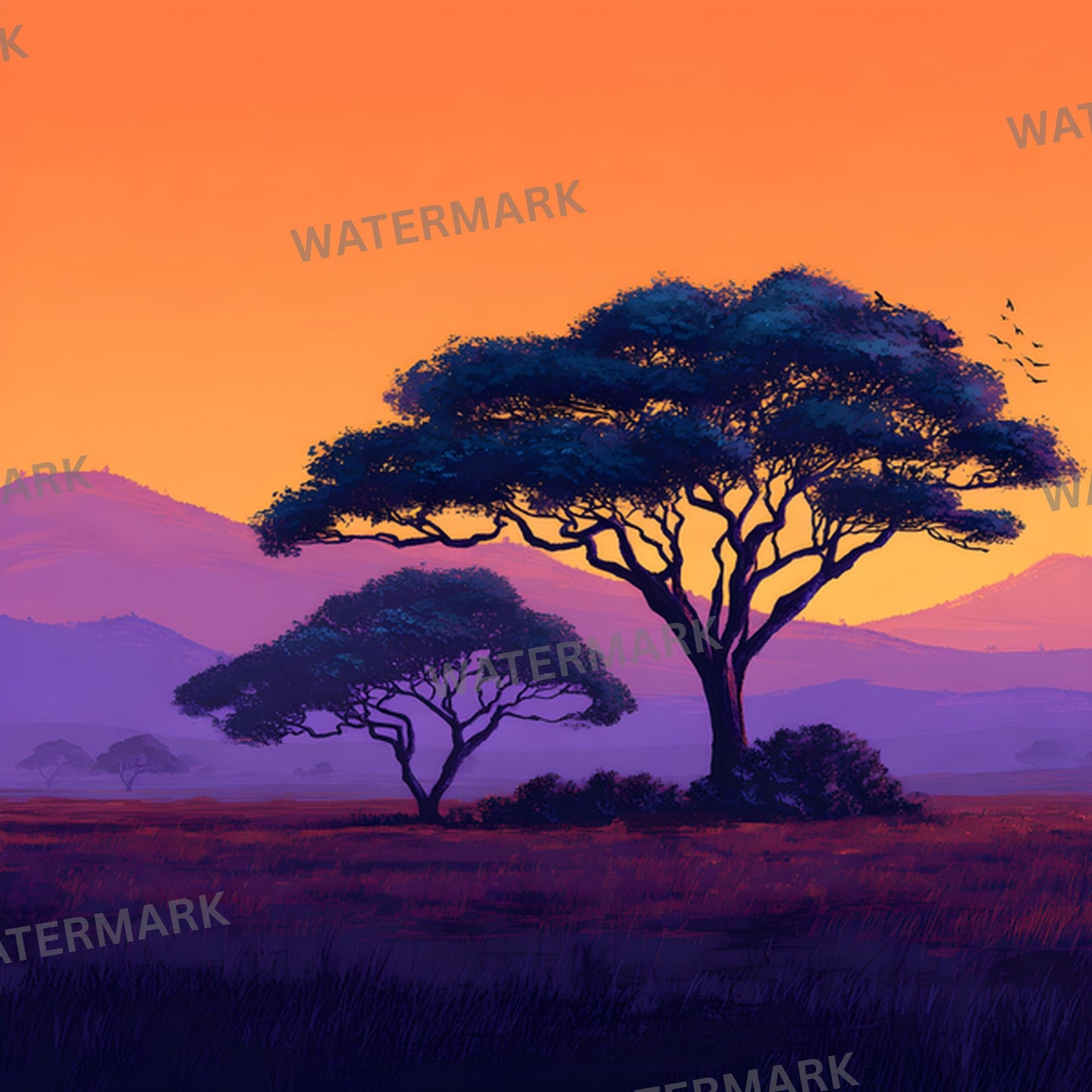 African Safari Sunset Digital Backdrop, Trees Photography Background for Wildlife, Nature Photo, Square High-Resolution Image, Instant Download