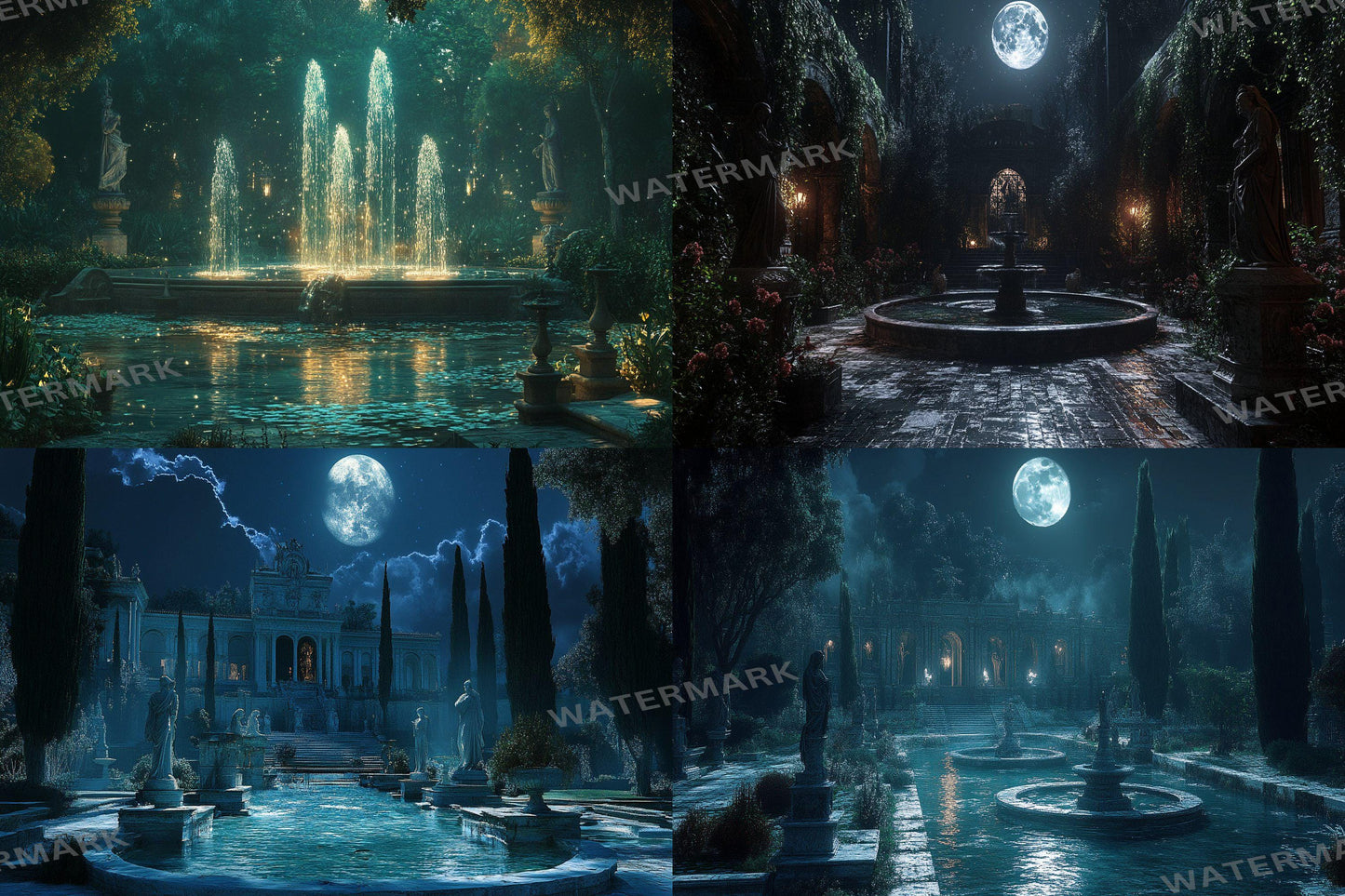 Moonlit Palace digital backdrop, 16:9 ratio. Majestic palace under the glow of the moon, perfect for streaming backgrounds or TV wallpaper