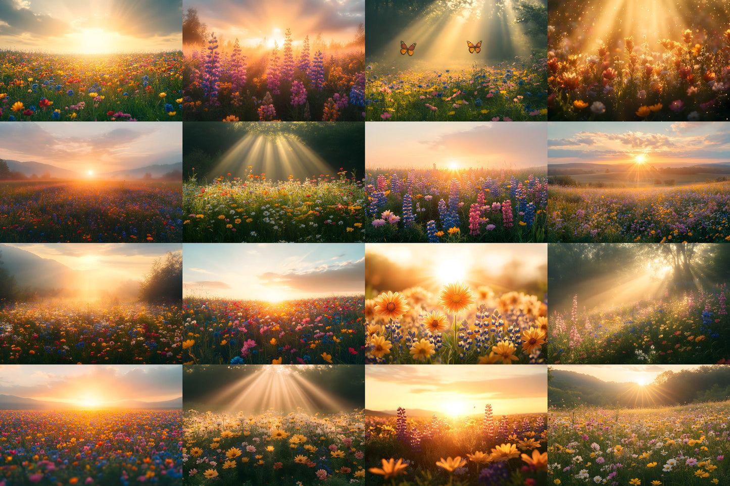 Wildflower Sunrise Digital Backdrops - Golden Hour Meadow Backgrounds, Nature Landscape Photography Overlay - Floral Photoshop Composites