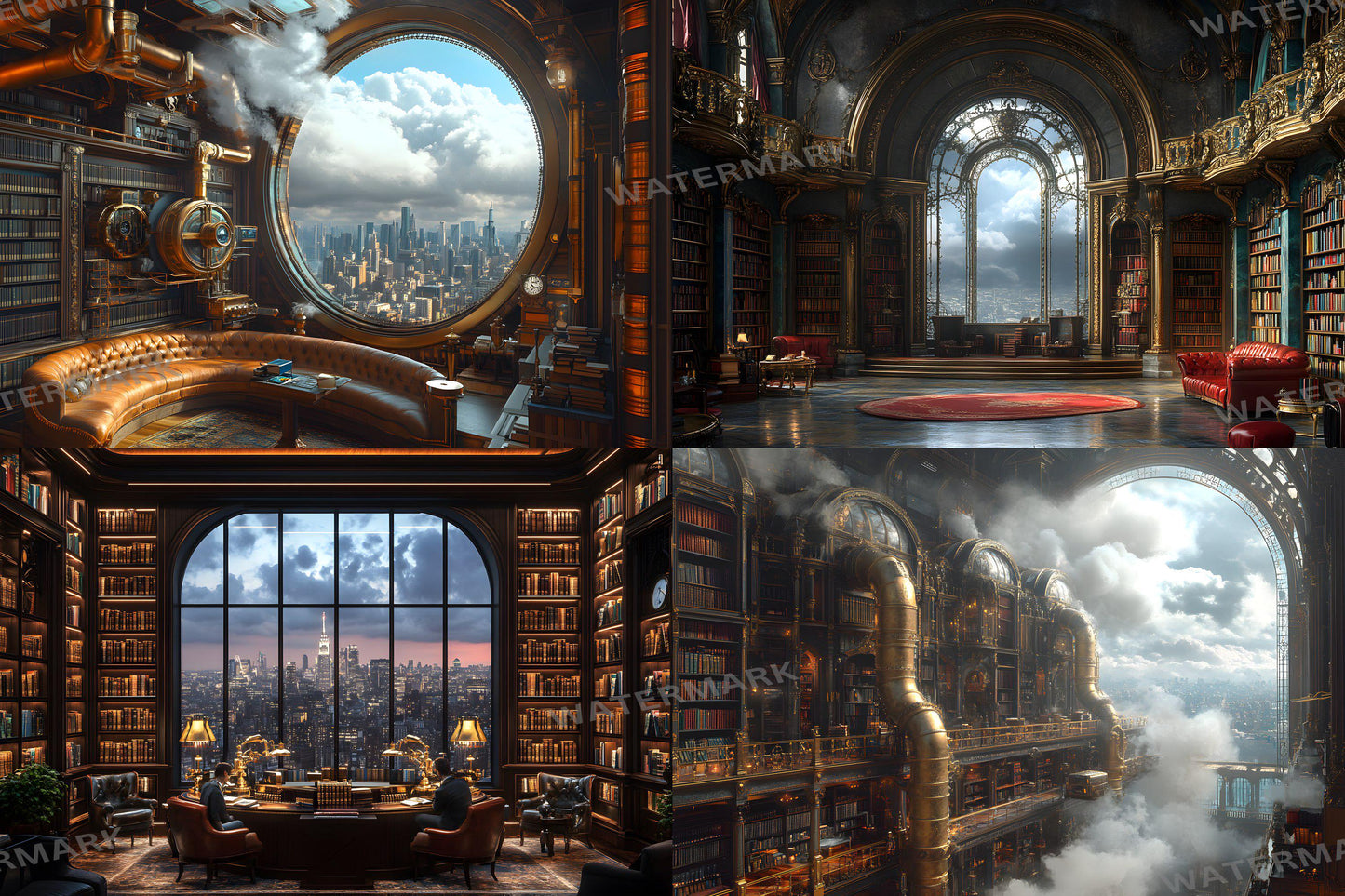 Steampunk Library Charm Backdrops | Vintage Study | Steampunk Bookshelves | Gothic Reading Nook | Digital Backgrounds