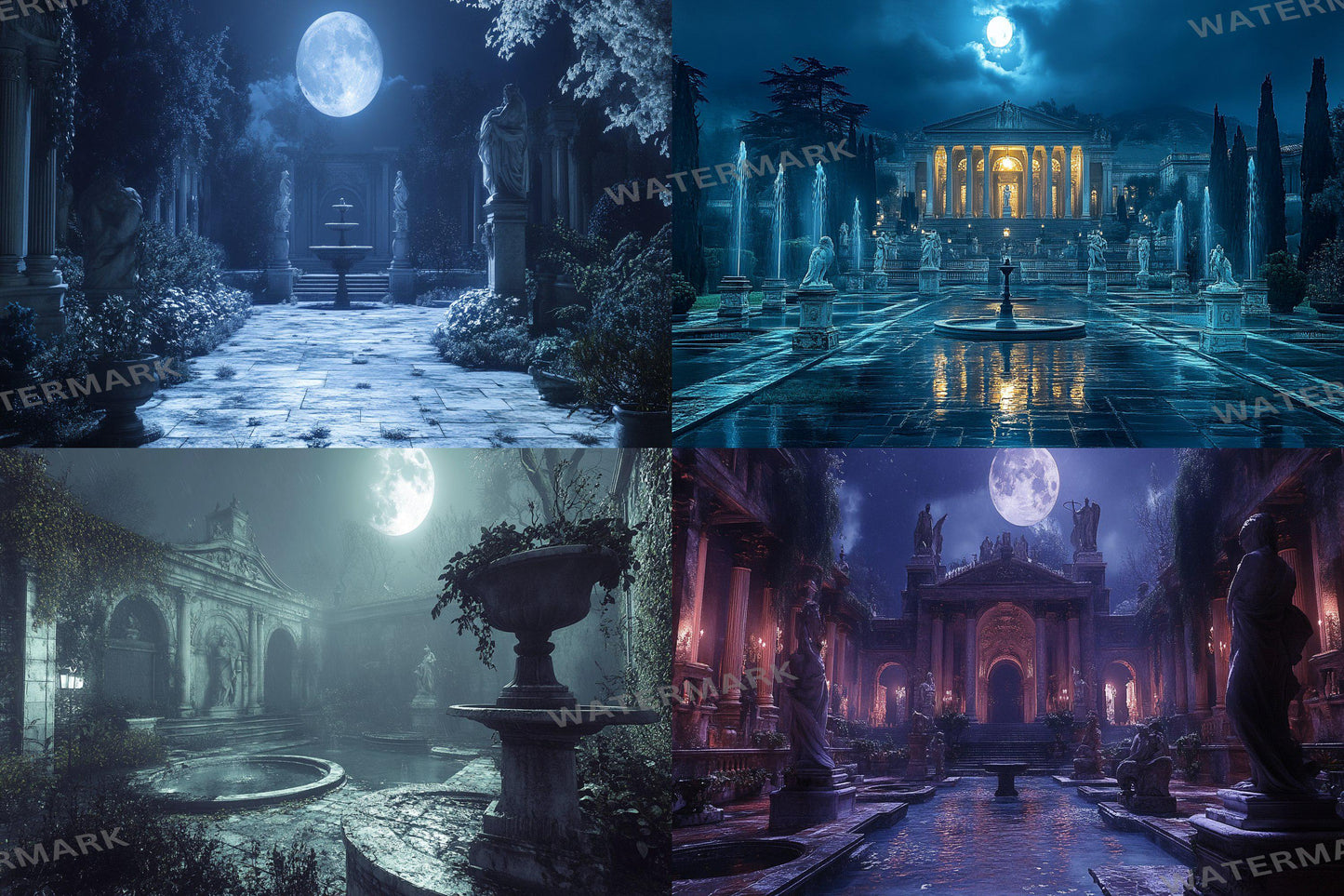 Moonlit Palace digital backdrop, 16:9 ratio. Majestic palace under the glow of the moon, perfect for streaming backgrounds or TV wallpaper