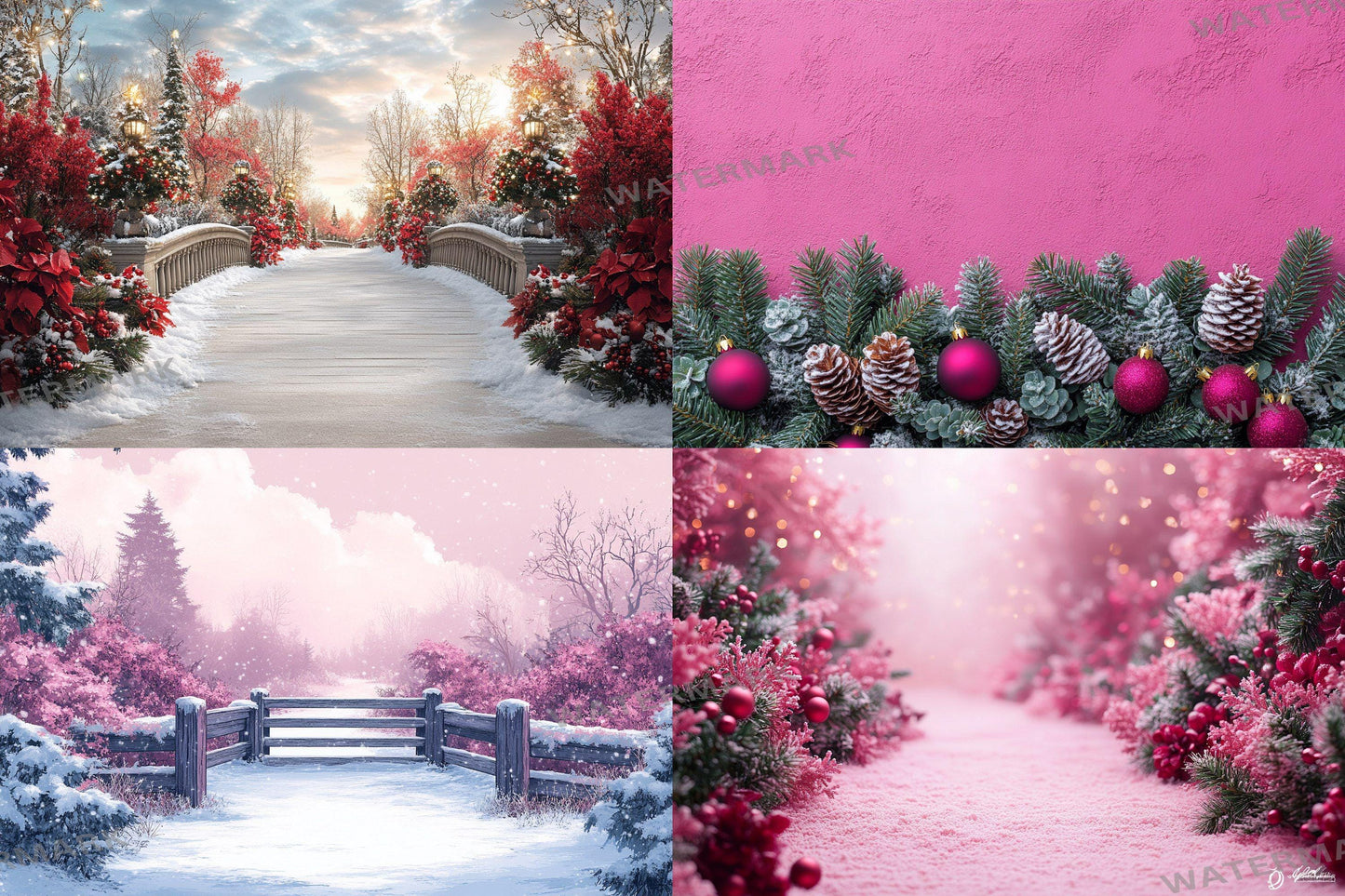 Fuchsia Outdoor Christmas Backdrops | Digital Winter Wonderland Scenes | Holiday Photography Backgrounds - Pink Christmas Backgrounds