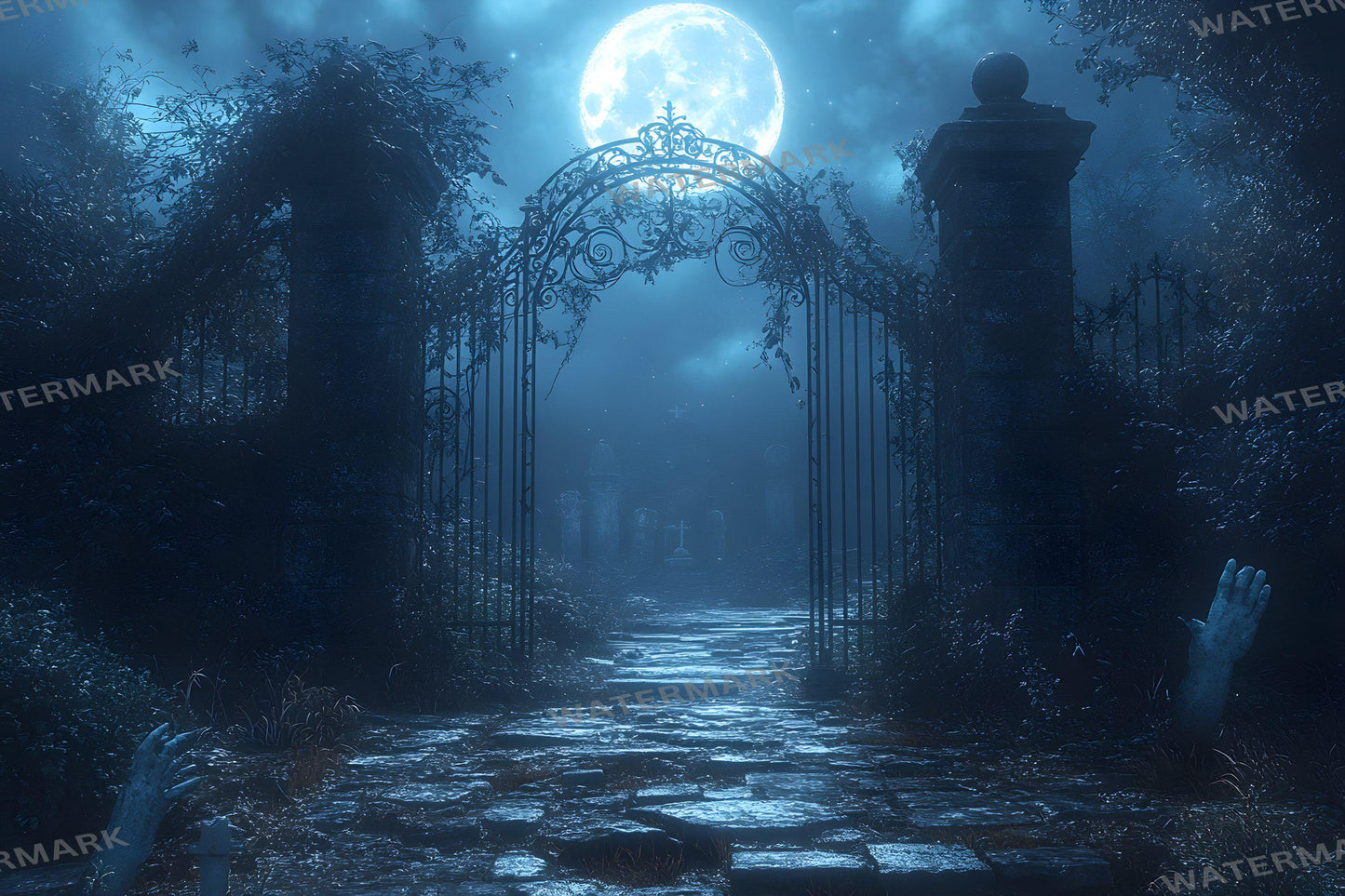 Spooky Graveyard Gate Backdrop | Gothic Digital Background | Halloween Photography Scene