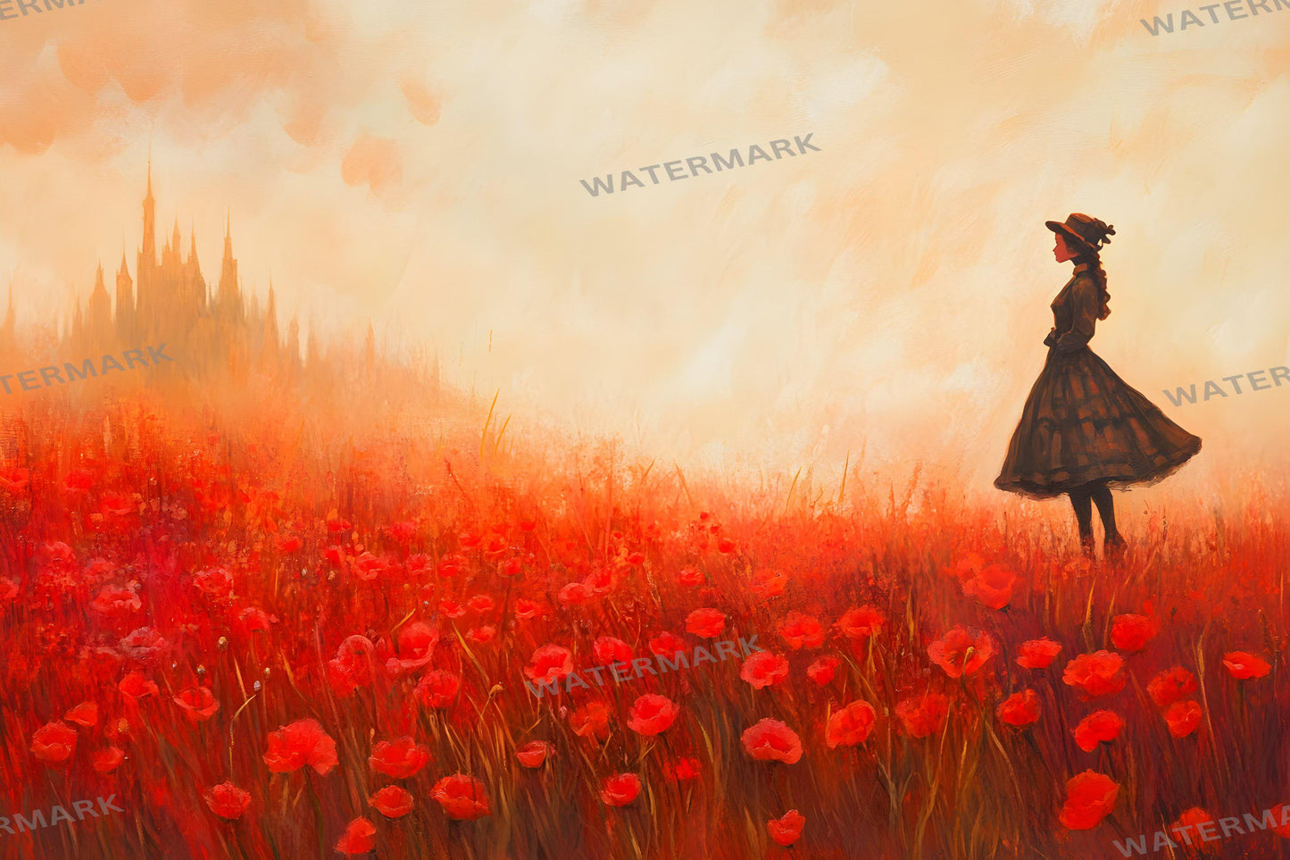 Enchanted Poppy Fields Digital Backdrop, Wizard of Oz Photography Background with Figures, Red Flower Fantasy Landscape Art