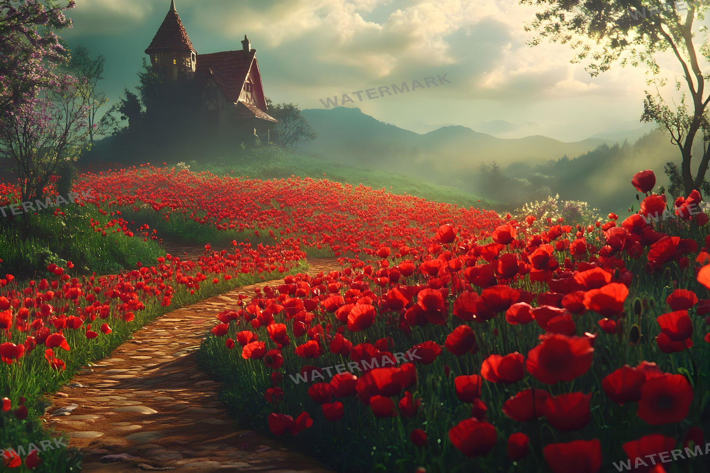 Enchanted Poppy Fields Digital Backdrop, Wizard of Oz Photography Background with Figures, Red Flower Fantasy Landscape Art