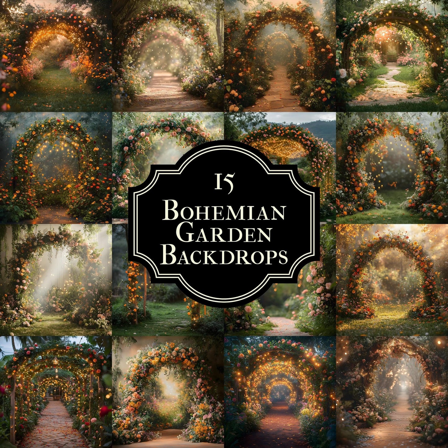Bohemian Garden Backdrops, Magical Floral Archway Scenes for Weddings, Maternity, Parties, Floral Photography Background, Boho Backdrop