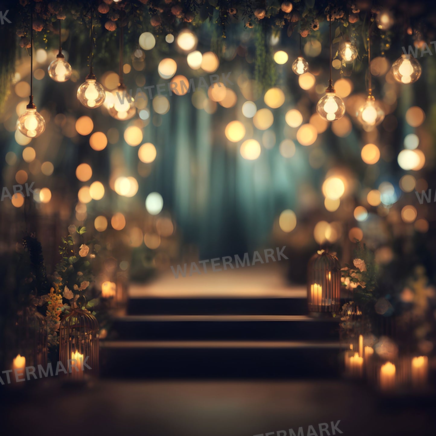 Stage Stairs Lights Garland Digital Backdrop, Photography Background for Performers, Virtual Photo Booth, Concert Photography Prop