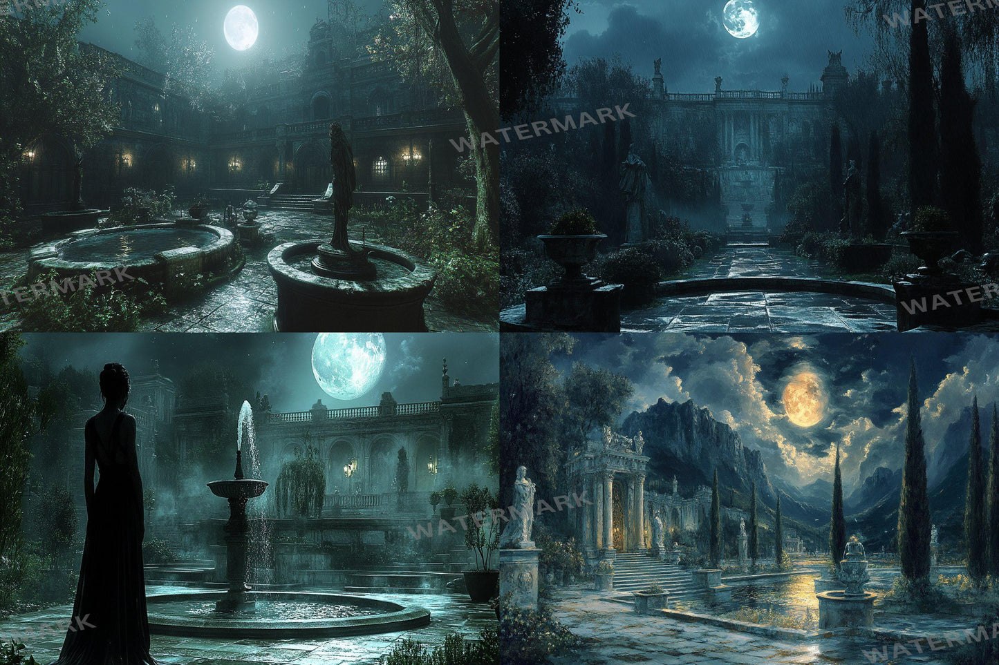 Moonlit Palace digital backdrop, 16:9 ratio. Majestic palace under the glow of the moon, perfect for streaming backgrounds or TV wallpaper