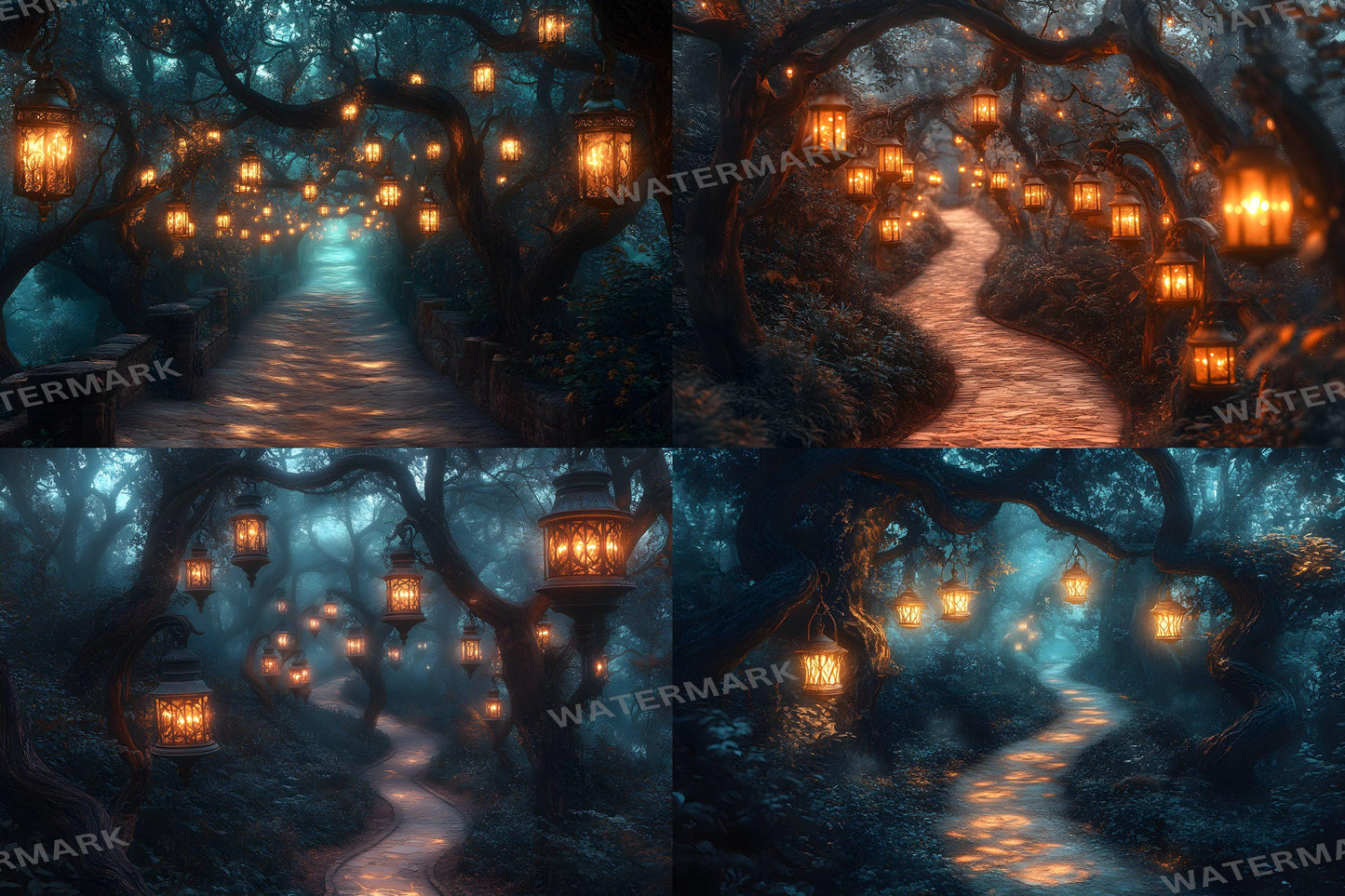 Lantern Pathway Magic Backdrops - Enchanted Forest and Glowing Night Trails Digital Backgrounds for Photoshop & Master Overlays
