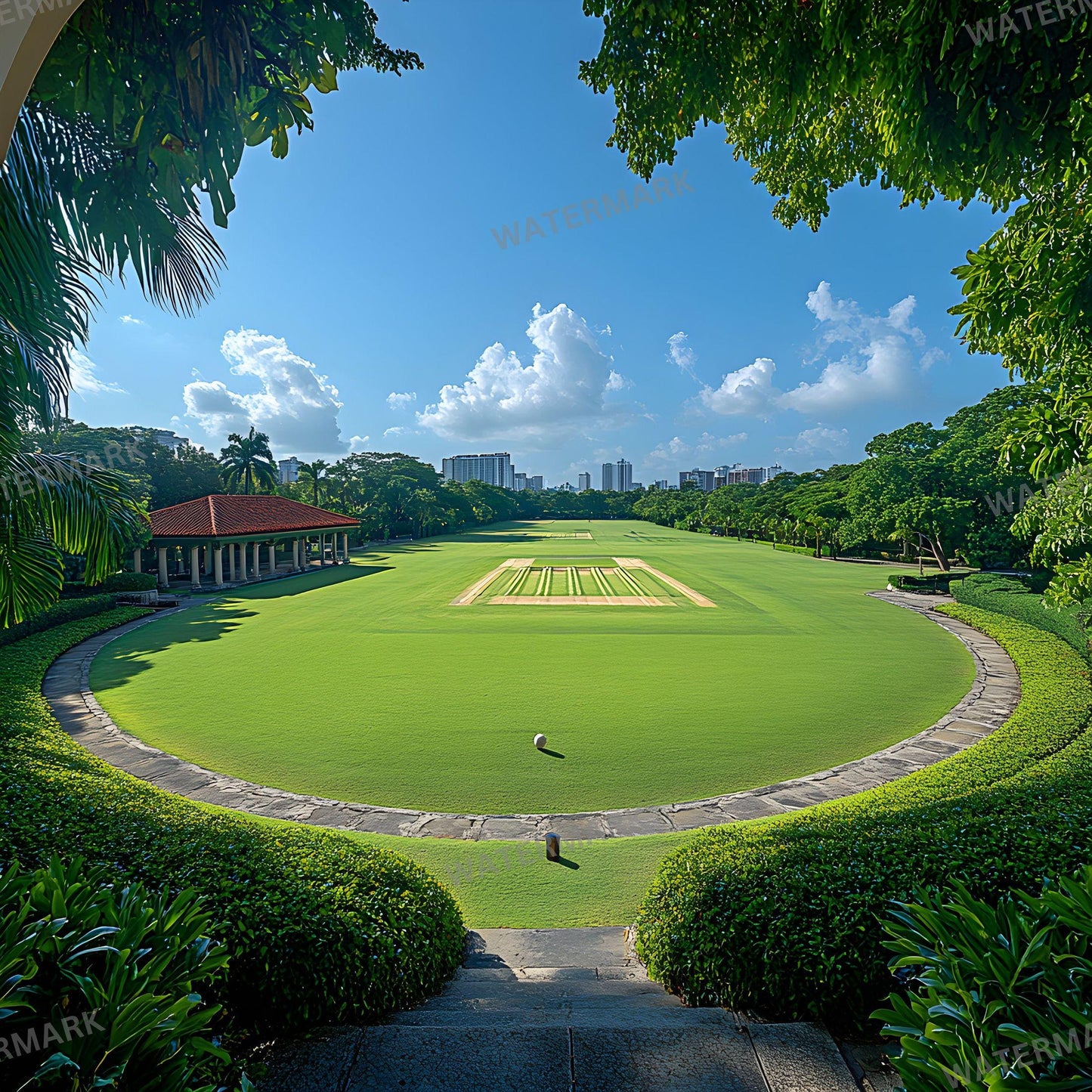 a view of a green lawn with a building in the background