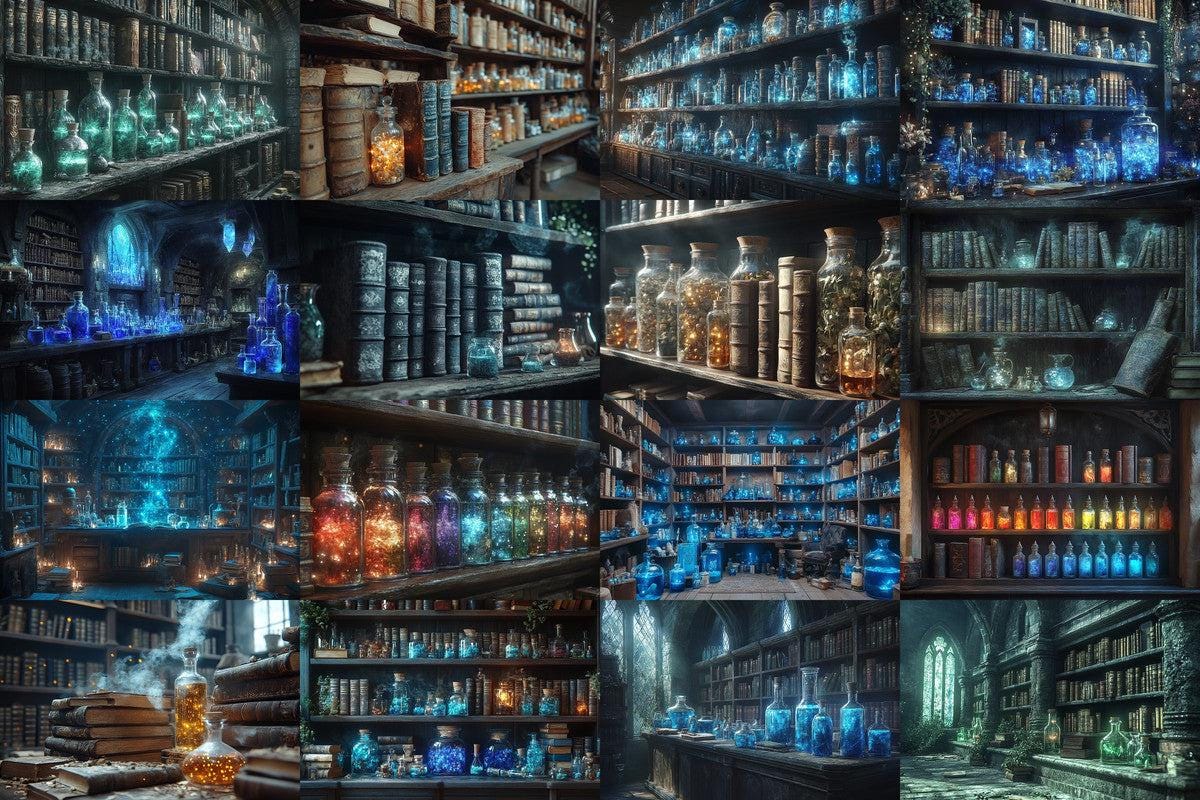ALCHEMISTS LIBRARY - 4Magical Witchcraft Photography Backdrops in Warm Aesthetic Ideal for Artists Designers