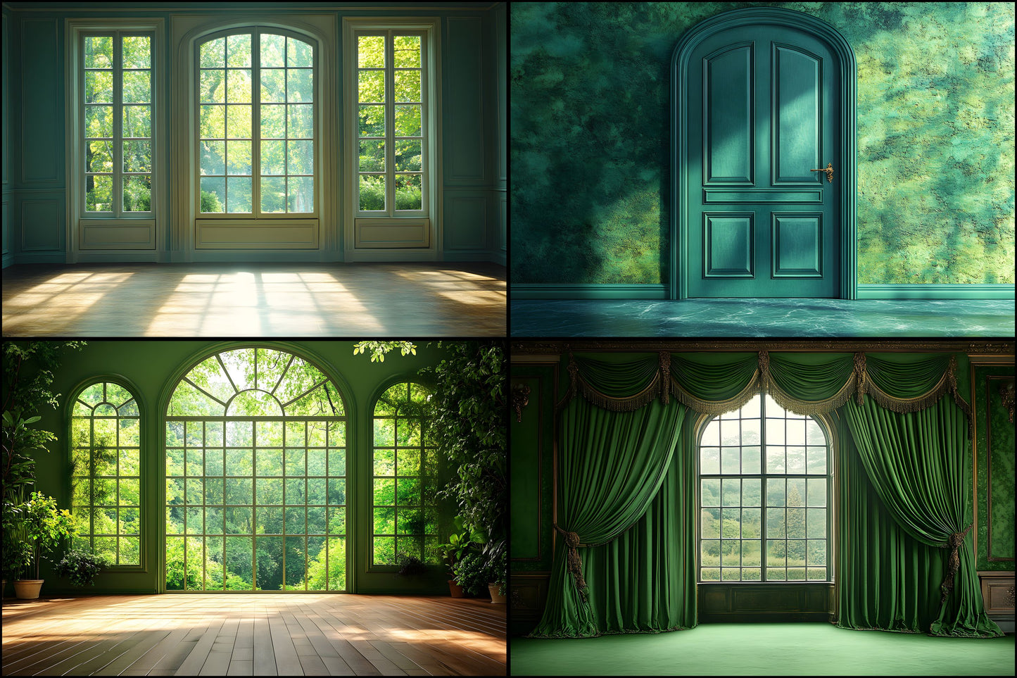 Royal Green Interior Backdrop Set, Photography Backgrounds, Digital Download for Photographers, Elegant Home Decor Photo Overlays