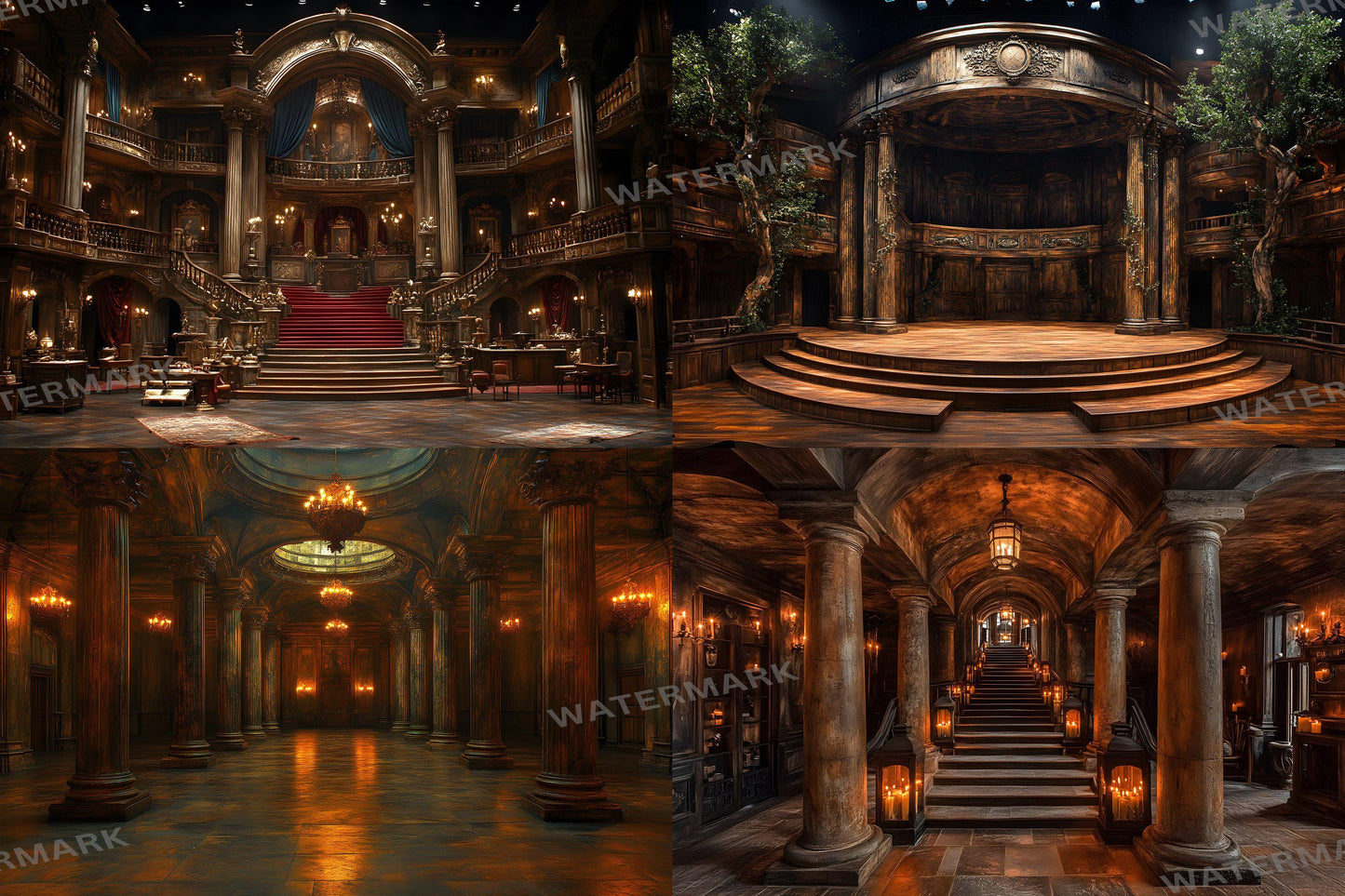 Shakespearean Stage Backdrops - Vintage Theatrical, Dramatic Play Scene, Regal Digital Backgrounds