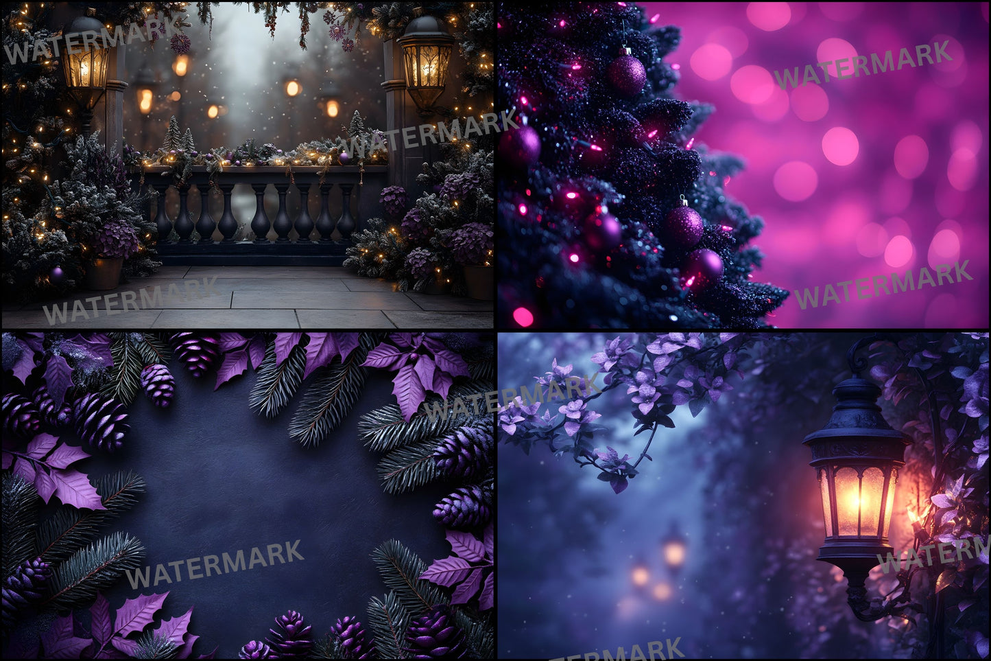 Gothic Purple Christmas Backdrop Set, Fantasy Holiday Backgrounds for Photography, Dark Festive Digital Backdrops, Winter Photo Overlays