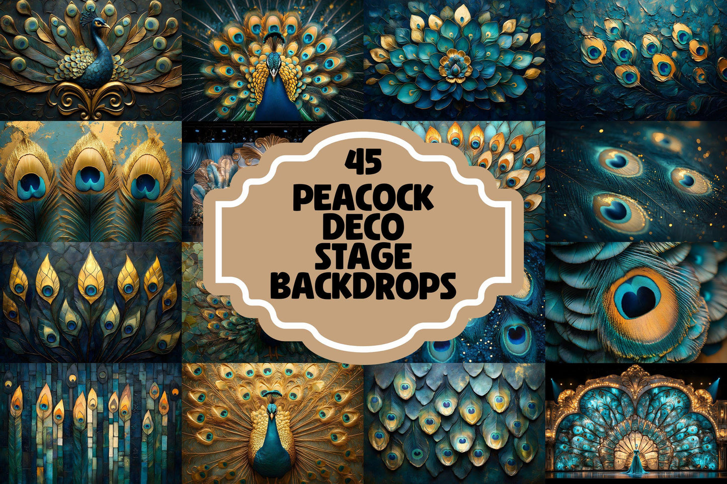 Peacock Deco Stage Backdrops | Elegant Art Deco Peacock Digital Backgrounds | Luxurious Gold & Teal Stage Design | Instant Download