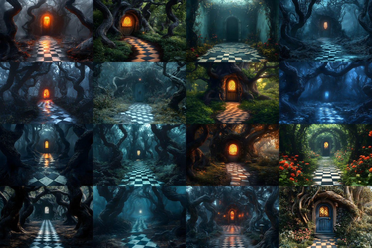 Alice in Wonderland Backdrops - Checkered Garden Path Backdrops, Outdoor Fantasy Green Walkway Photo Booth Prop, Fantasy Magical Scene