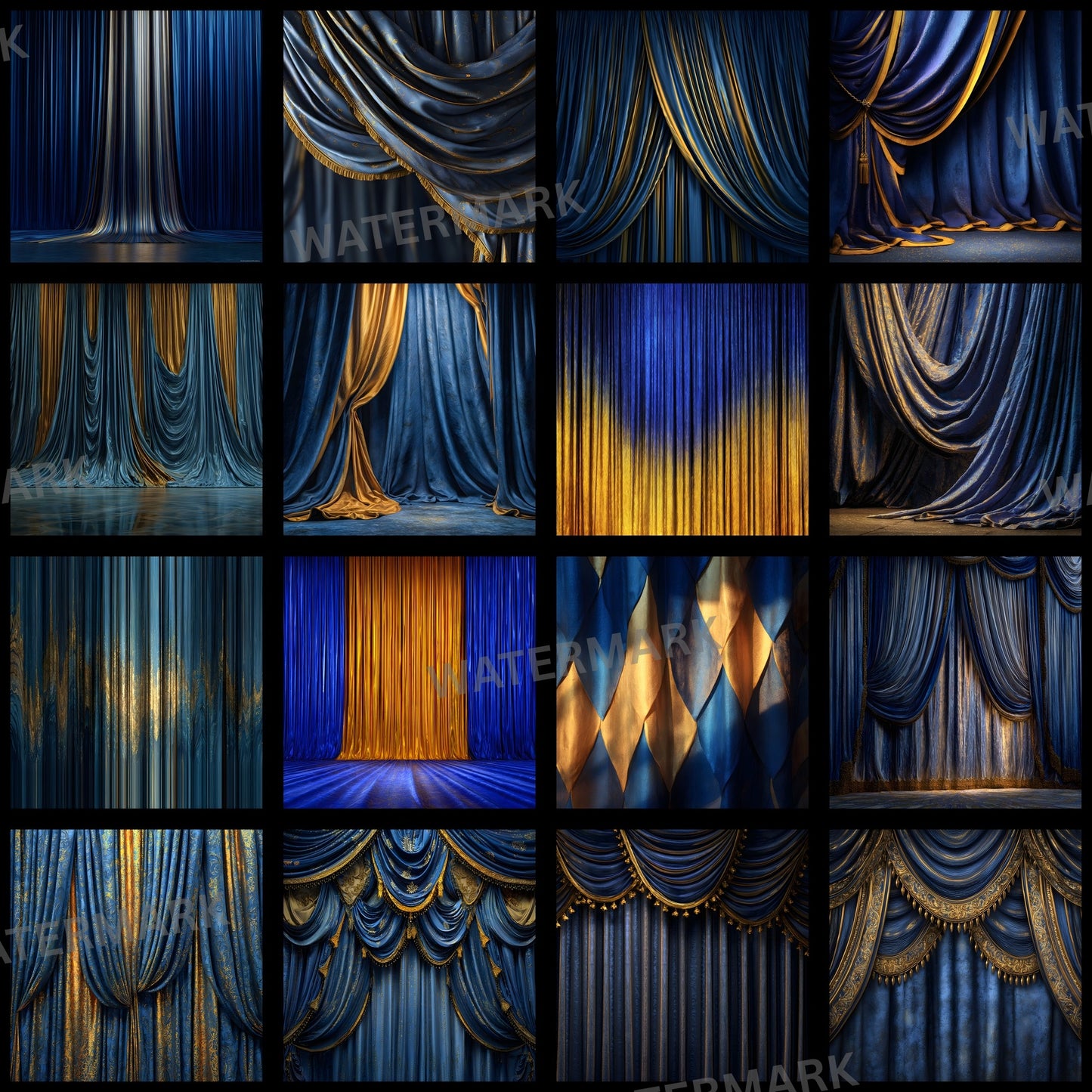 Sapphire Blue Gold Curtain Backdrop, Elegant Photography Background, Digital Download for Stunning Portraits, Wedding & Party Photo Booths, Square Image