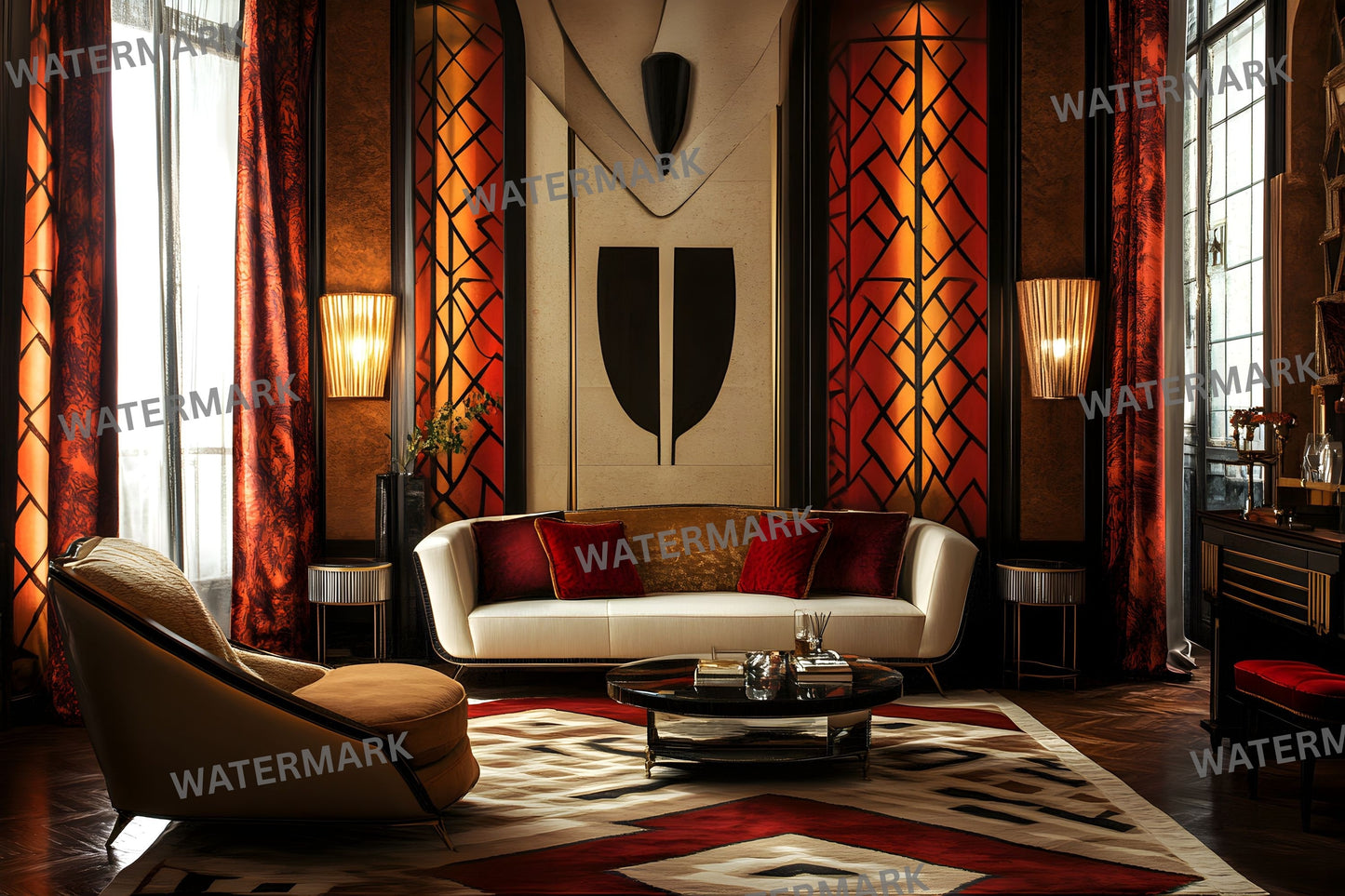 Art Deco Living Room Digital Backdrop, Elegant Interior Background for Photography, Virtual Photo Studio, Zoom Meeting, and Creative Composites
