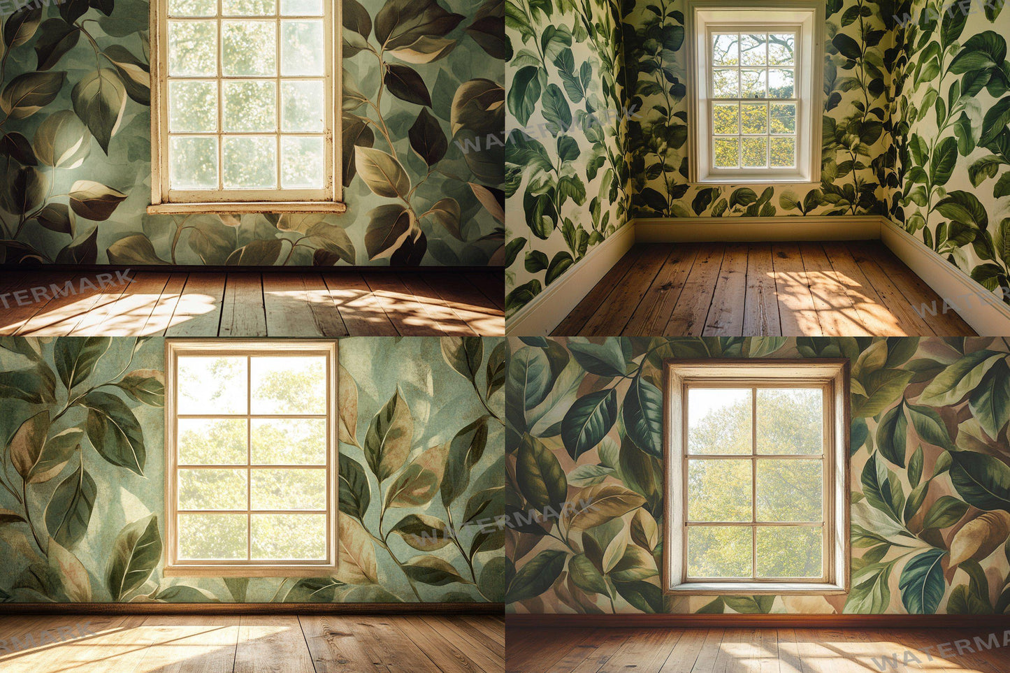 Botanical Window View Backdrops, Digital Forest Room Photography Props, Nature Interior Digital Backgrounds, Vintage Woodland Wallpapers