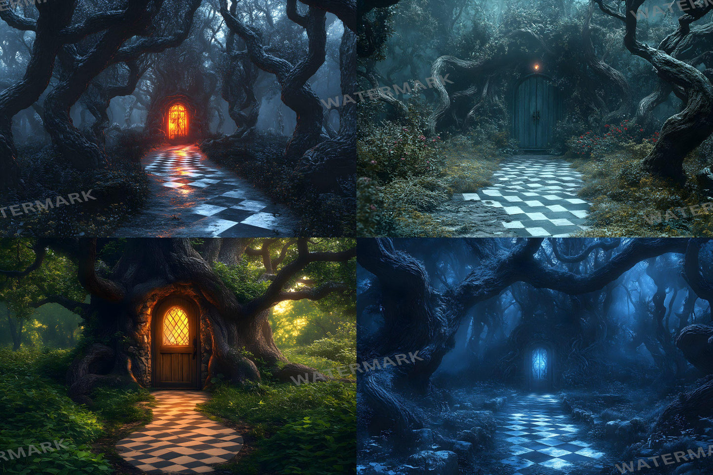 Alice in Wonderland Backdrops - Checkered Garden Path Backdrops, Outdoor Fantasy Green Walkway Photo Booth Prop, Fantasy Magical Scene