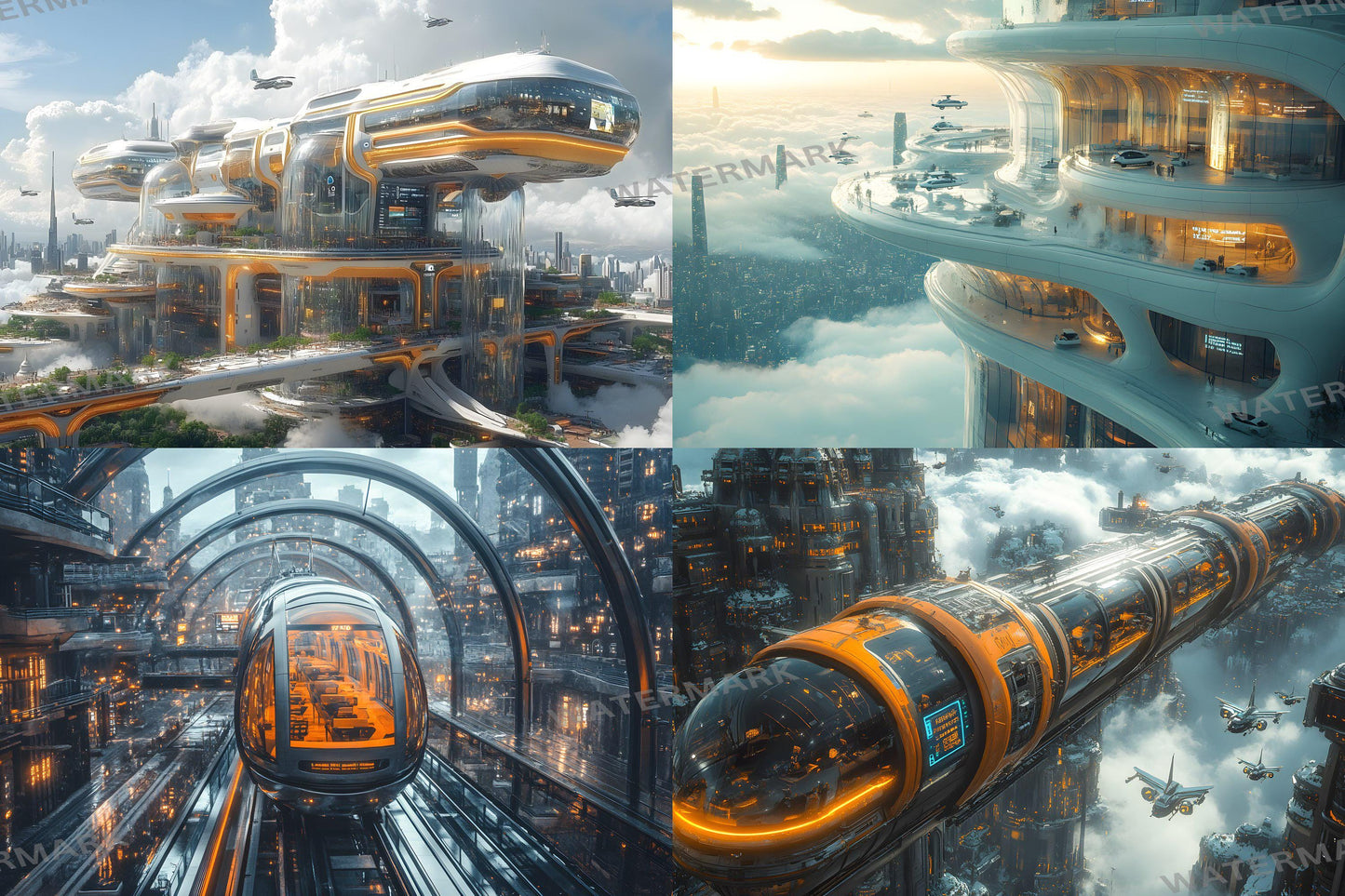 Futuristic Transit Hub Backdrops, Digital Sci-Fi Backgrounds, Hi-Tec City Aesthetic, Photoshop Overlays - Futuristic City Backgrounds
