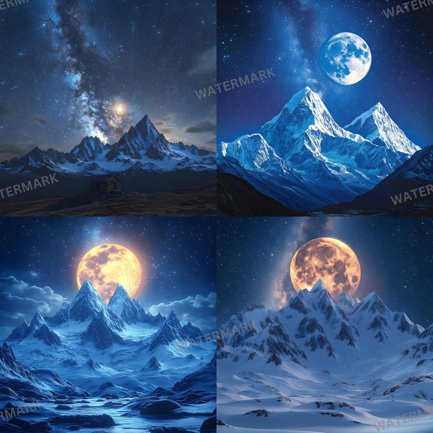 Celestial Moonlit Photography Backdrops - Lunar Landscapes, Starry Peaks, Radiant Moons, Twilight Skies, Nightfall Mountain Backgrounds